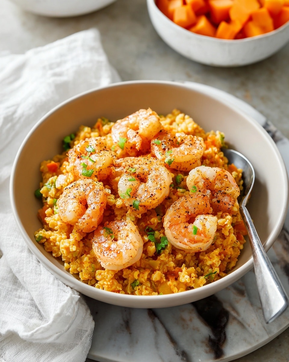 The image shows a white bowl filled with two main layers: the bottom layer is a creamy, orange-yellow rice mixed with small chunks of vegetables, having a soft and textured look, while the top layer is made up of several pinkish-orange shrimp, cooked with light browning and black pepper sprinkled on top, garnished with small green herb pieces. The bowl is placed on a white marbled surface, with a white cloth partially visible on one side, and a silver spoon resting inside the bowl on one edge. In the background, another white bowl with orange chunks of vegetables is seen out of focus. photo taken with an iphone --ar 4:5 --v 7