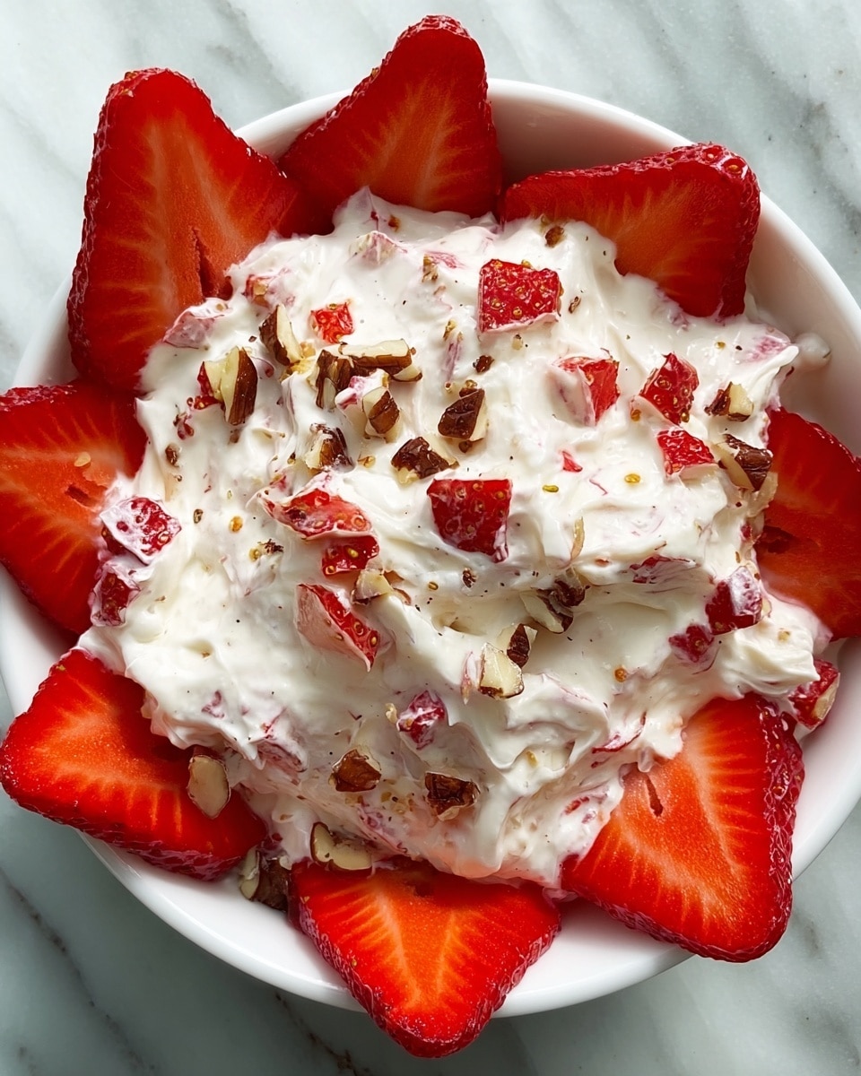 A white bowl filled with a creamy white mixture that appears soft and fluffy, mixed with small pieces of bright red strawberries and some darker brown nut pieces scattered on top. Around the edges of the bowl, large slices of fresh strawberry with a vibrant red color and visible seeds are arranged, creating a colorful border. The white creamy base contrasts with the red strawberries and brown nuts, making the dish look fresh and tasty. The photo is taken on a white marbled surface. photo taken with an iphone --ar 4:5 --v 7