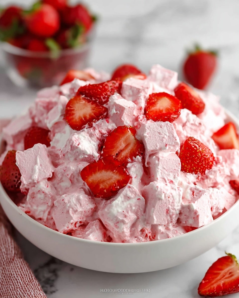 The image shows a bowl filled with a pink creamy salad made from whipped cream mixed with small cubes of light pink gelatin. The salad is topped with fresh red strawberries, some cut into halves and quarters, scattered evenly over the creamy mixture. The bowl is white and sitting on a white marbled surface, with a small container of whole strawberries blurred in the background. The texture of the salad looks fluffy and light, with the strawberries adding a fresh and colorful touch. photo taken with an iphone --ar 4:5 --v 7