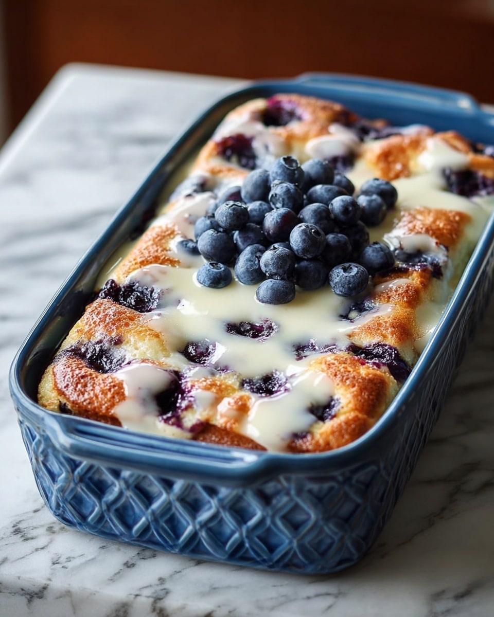 The image shows a rectangular baked dish with a golden brown top layer that looks slightly crisp and puffed, embedded with dark purple blueberries scattered unevenly throughout. A creamy white sauce or glaze is drizzled over the surface, pooling gently in some areas. On top, there is a small pile of fresh, plump blueberries that look juicy and glossy. The dish is placed on a white marbled surface, and the baking dish itself is blue with a raised geometric pattern. Photo taken with an iphone --ar 4:5 --v 7