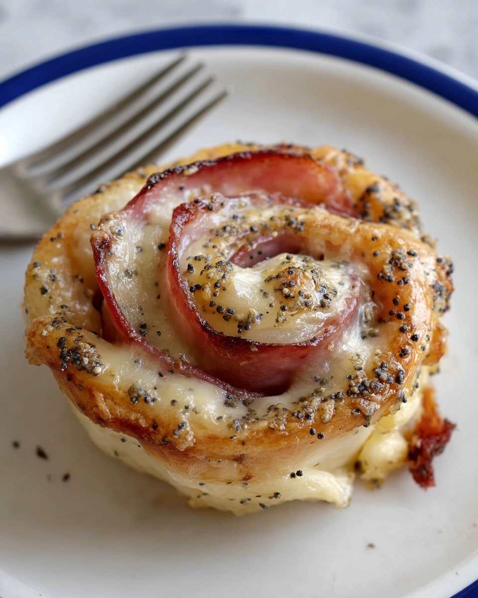 A close-up of a single round pastry rose placed at the center of a white plate with a blue rim, next to a silver fork. The pastry has three visible layers: the outer layer is a light golden-brown dough with poppy seeds scattered on top, curling outward; the middle layer is made of melted, bubbly pale cheese that looks soft and gooey; the inner layer consists of thin slices of reddish-pink ham rolled tightly in a spiral. The texture shows a mix of crispy edges and creamy melted parts, with a white marbled surface underneath. Photo taken with an iphone --ar 4:5 --v 7