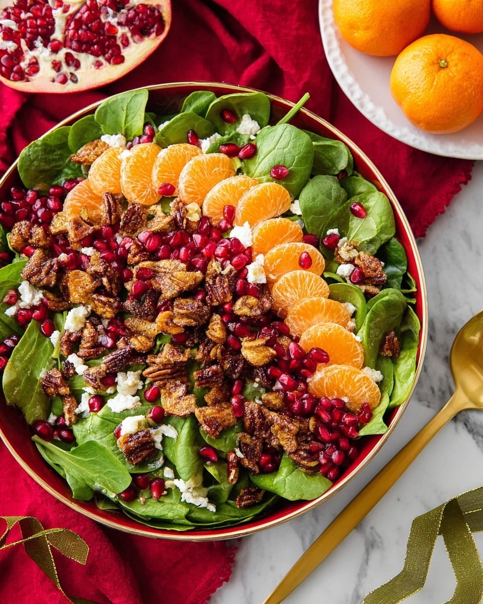 A salad shown in a round white bowl filled with three layers: the bottom layer is a mix of green spinach and lettuce leaves, the middle layer has scattered bright orange mandarin slices, and the top layer features bright red pomegranate seeds, white crumbles of cheese, and brown caramelized nuts evenly spread across the salad. The bowl is set on a white marbled surface with a red cloth underneath. Nearby, there is a white plate with oranges and a gold spoon with a green ribbon wrapped around its handle. Photo taken with an iphone --ar 4:5 --v 7