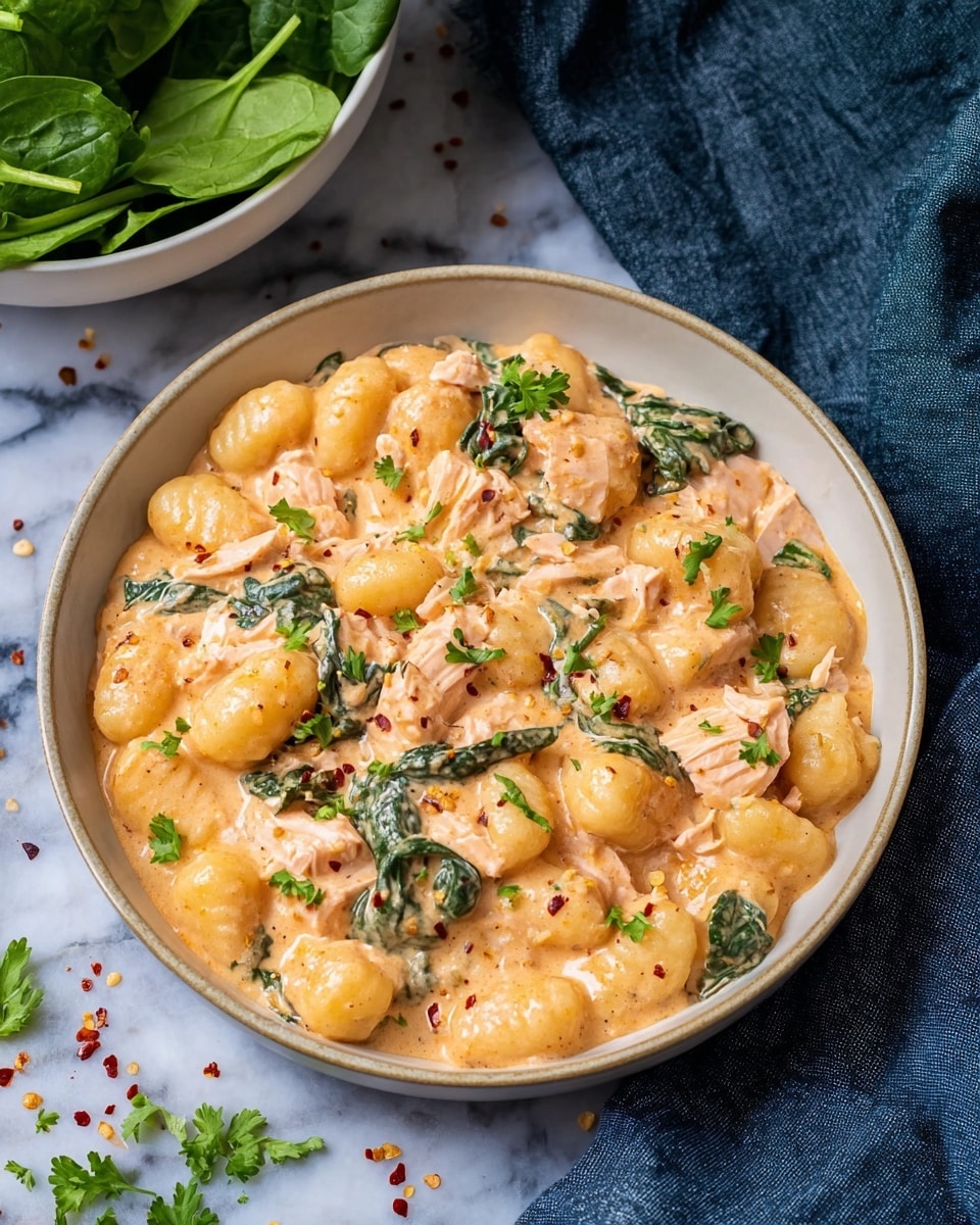 A white bowl is filled with a creamy orange sauce coating gnocchi and pieces of light pink salmon, with wilted green spinach leaves mixed in. The sauce has a smooth, thick texture, and the gnocchi are soft and slightly rounded. Small green parsley pieces are sprinkled on top, adding a fresh touch, with some red chili flakes scattered around the bowl. The bowl is placed on a white marbled surface next to a dark blue cloth and a white bowl with fresh green spinach leaves inside. Photo taken with an iphone --ar 4:5 --v 7