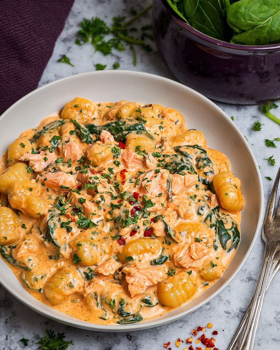 A white bowl is filled with creamy orange-colored gnocchi coated in a thick sauce, mixed with pink pieces of salmon and green spinach leaves, all topped with fresh green parsley flakes. The bowl sits on a white marbled textured surface, with a purple pot filled with fresh spinach leaves partially visible in the background, alongside a silver fork to the right and some red chili flakes scattered near the bowl. Photo taken with an iphone --ar 4:5 --v 7