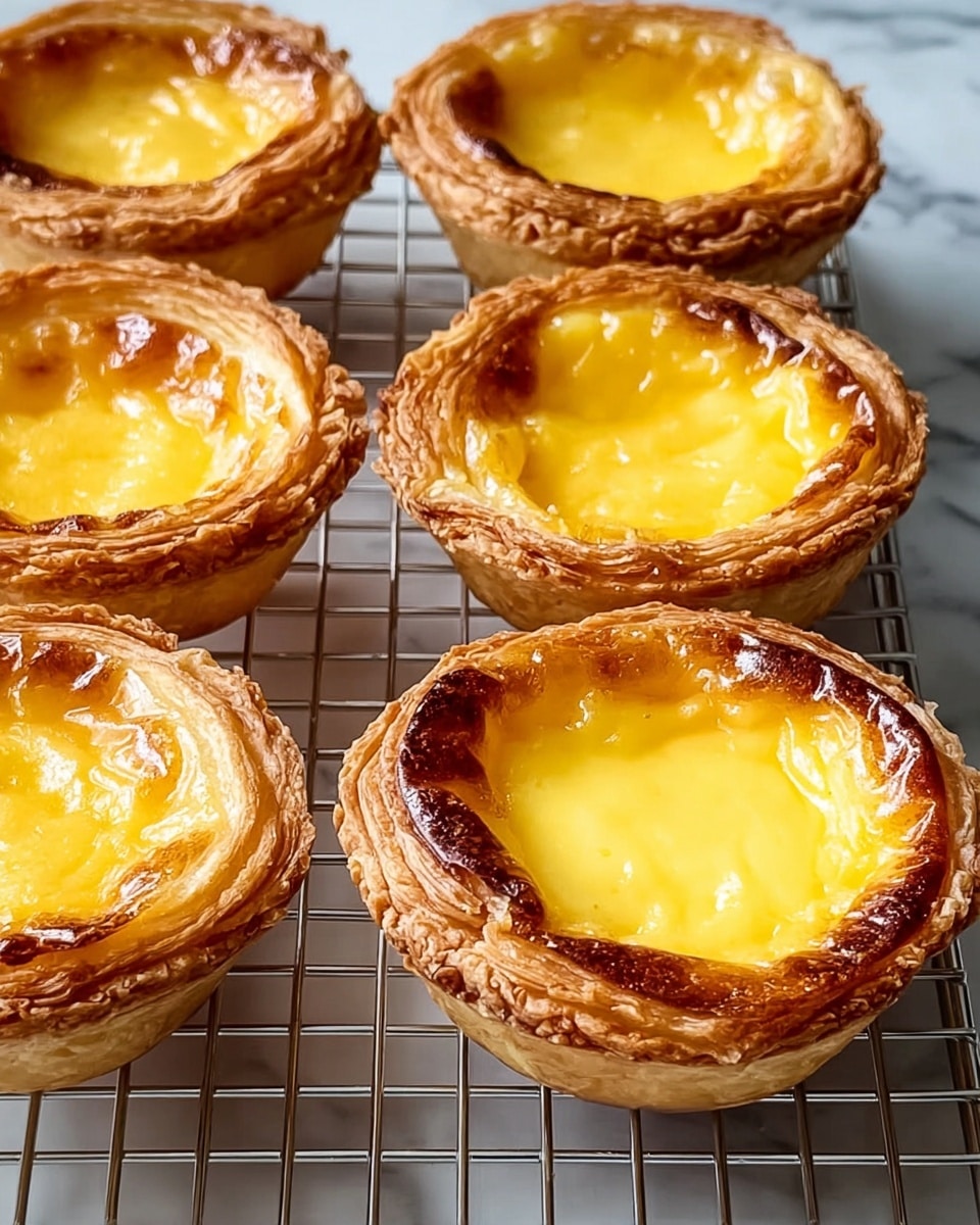 Seven egg tarts are shown cooling on a metal wire rack. Each tart has a flaky, golden-brown crust with visible layers and a smooth, shiny yellow custard filling that is slightly browned on the edges and top. The crust is thick and uneven, creating a rustic look around the bright, creamy filling. The wire rack sits on a surface with a white marbled texture, giving a clean and fresh look to the scene. Photo taken with an iphone --ar 4:5 --v 7