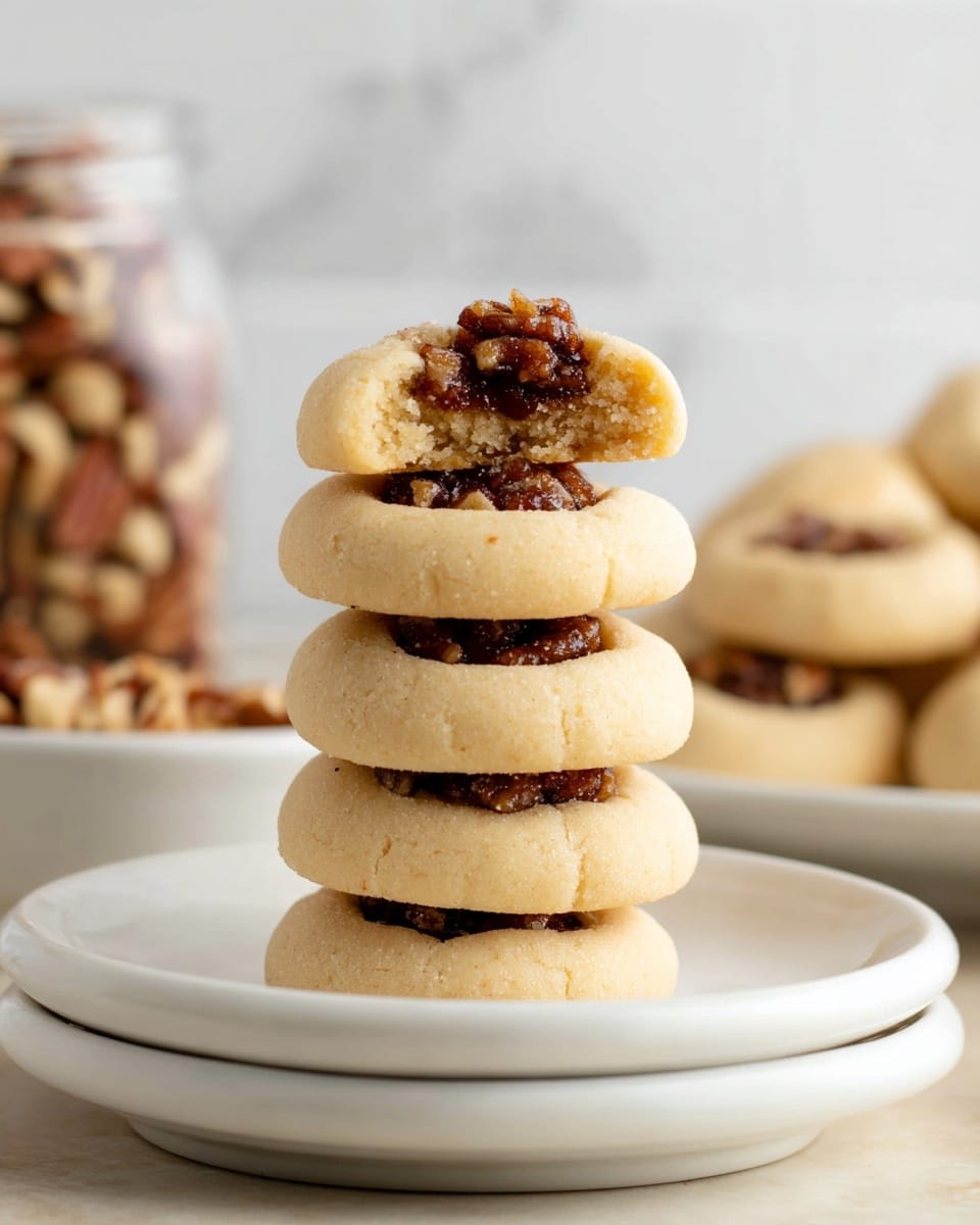 A stack of five soft, round cookies with a light beige color sits on three stacked white plates. Each cookie has a slightly thick dough layer forming a shallow cup shape, and the center of each is filled with a rich, dark brown pecan filling that has a chunky texture. The top cookie is fully visible, showing the filling deeply nestled in the dough, while the others are stacked neatly underneath. The background shows blurred items including a clear jar filled with nuts and a white plate piled with more cookies, all on a white marbled surface. Photo taken with an iphone --ar 4:5 --v 7