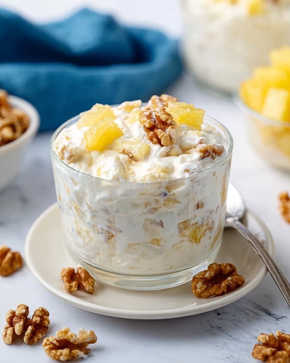 A clear glass bowl filled with a creamy white mixture showing chunks of yellow pineapple and brown walnut pieces evenly mixed throughout, sitting on a white plate with some walnut pieces scattered around it, a metal spoon partially dipped into the bowl. The background has a white marbled texture with a blue cloth partially visible on the left and other bowls with similar creamy mixtures and pineapple in the background, all softly lit. photo taken with an iphone --ar 4:5 --v 7