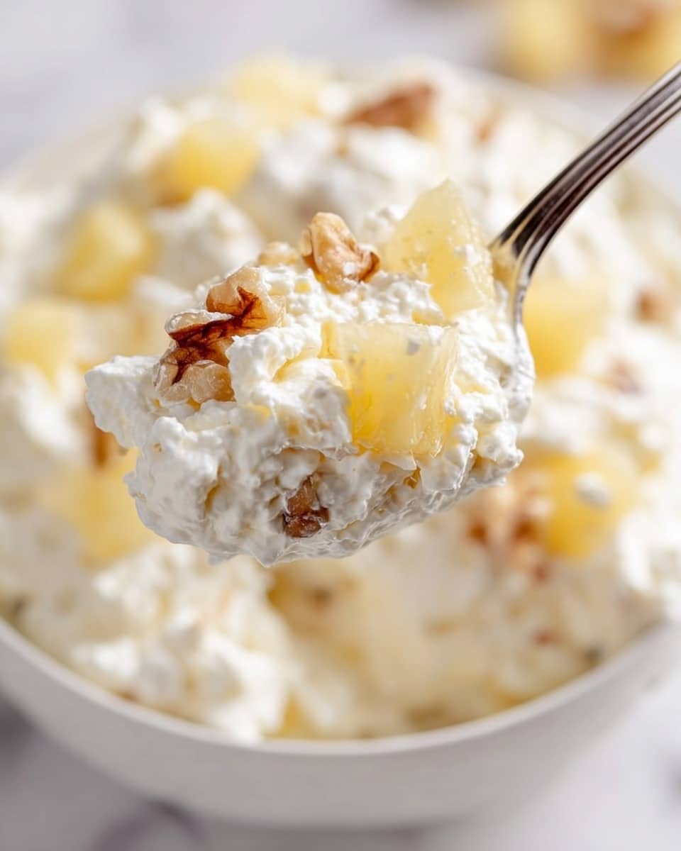 A close-up view of a spoonful of creamy white cottage cheese mixed with soft yellow pineapple chunks and small brown walnut pieces. The texture of the cottage cheese looks fluffy and slightly lumpy, surrounding the chunks and bits evenly. In the background, the same mixture is visible in a white bowl on a white marbled surface, blurred out to keep focus on the spoon. The spoon is held by a woman's hand from the side. Photo taken with an iphone --ar 4:5 --v 7