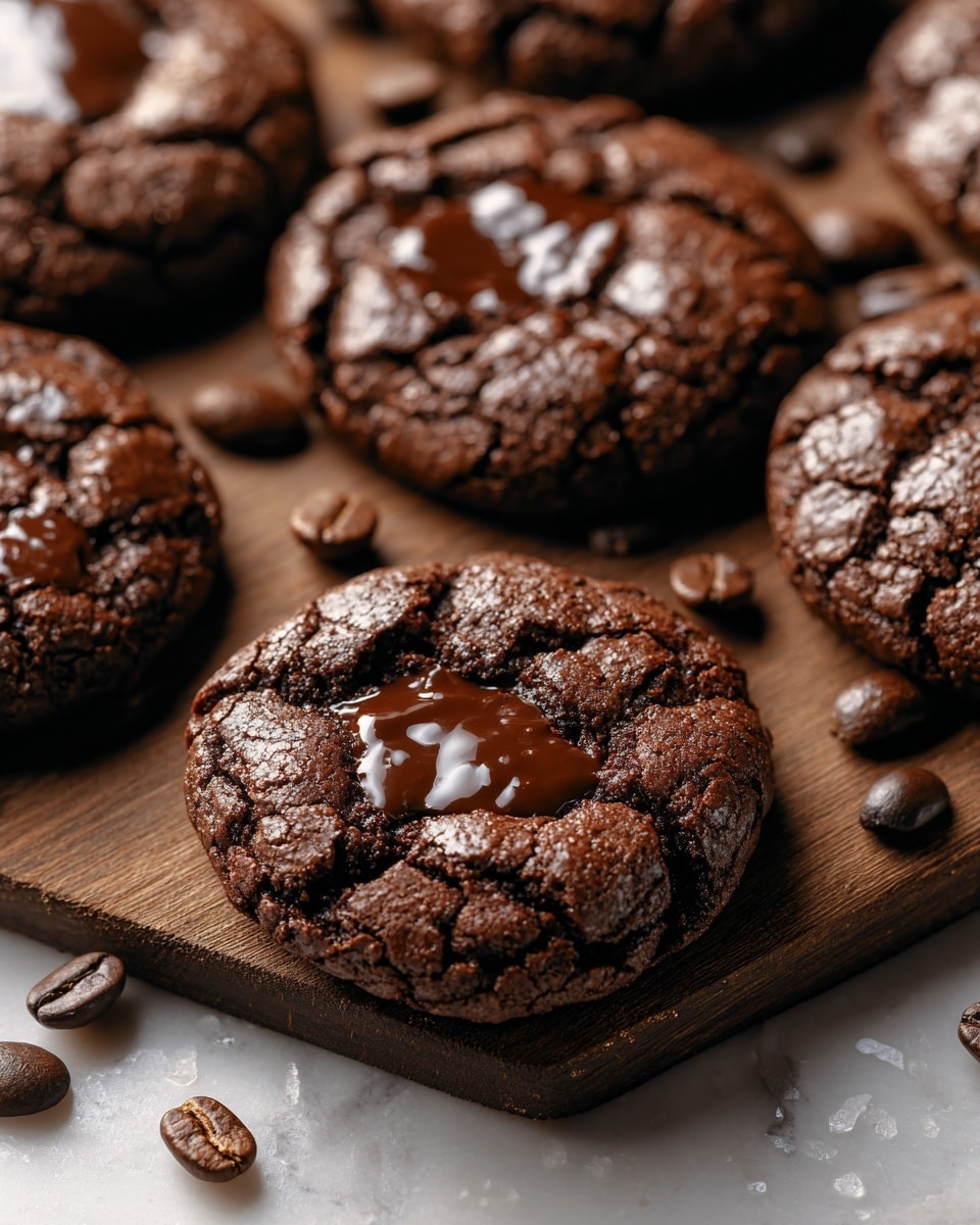 The image shows several dark brown chocolate cookies with a cracked, rough texture on their surface. Each cookie has a few glossy melted chocolate spots that glisten in the light. The cookies are placed on a wooden board with scattered coffee beans around them, all set on a white marbled surface. The overall look is rich and textured, highlighting the soft melted centers and crispy edges of the cookies. Photo taken with an iphone --ar 4:5 --v 7