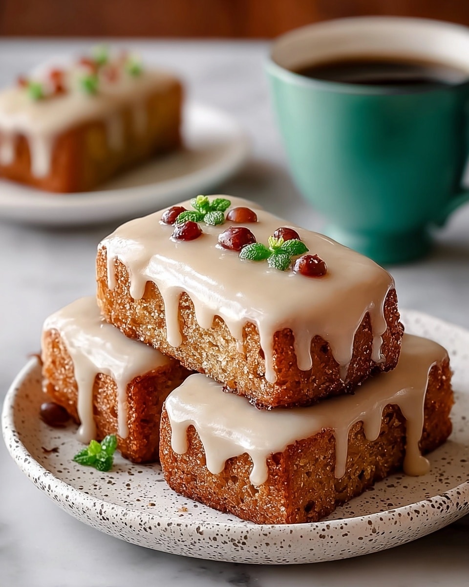 Three rectangular pieces of cake are stacked on a white speckled plate. Each cake has a golden-brown textured base with a thick, creamy light beige icing dripping down the sides. Small red berries and tiny green leaves decorate the top of each cake. In the background, there is a blurred white plate with another piece of cake and a teal cup filled with dark coffee, sitting on a white marbled surface. photo taken with an iphone --ar 4:5 --v 7