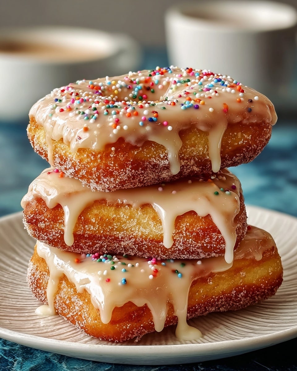 Three rectangular fried doughnuts stacked on a white plate with a textured blue surface, each doughnut coated in a shiny light beige glaze that drips down the sides, with the top doughnut sprinkled with small, colorful round sprinkles in red, white, yellow, green, orange, and blue; the doughnuts have a golden brown, slightly rough texture with a sugar coating visible beneath the glaze, all placed on a white marbled surface with blurred white cups in the background. photo taken with an iphone --ar 4:5 --v 7