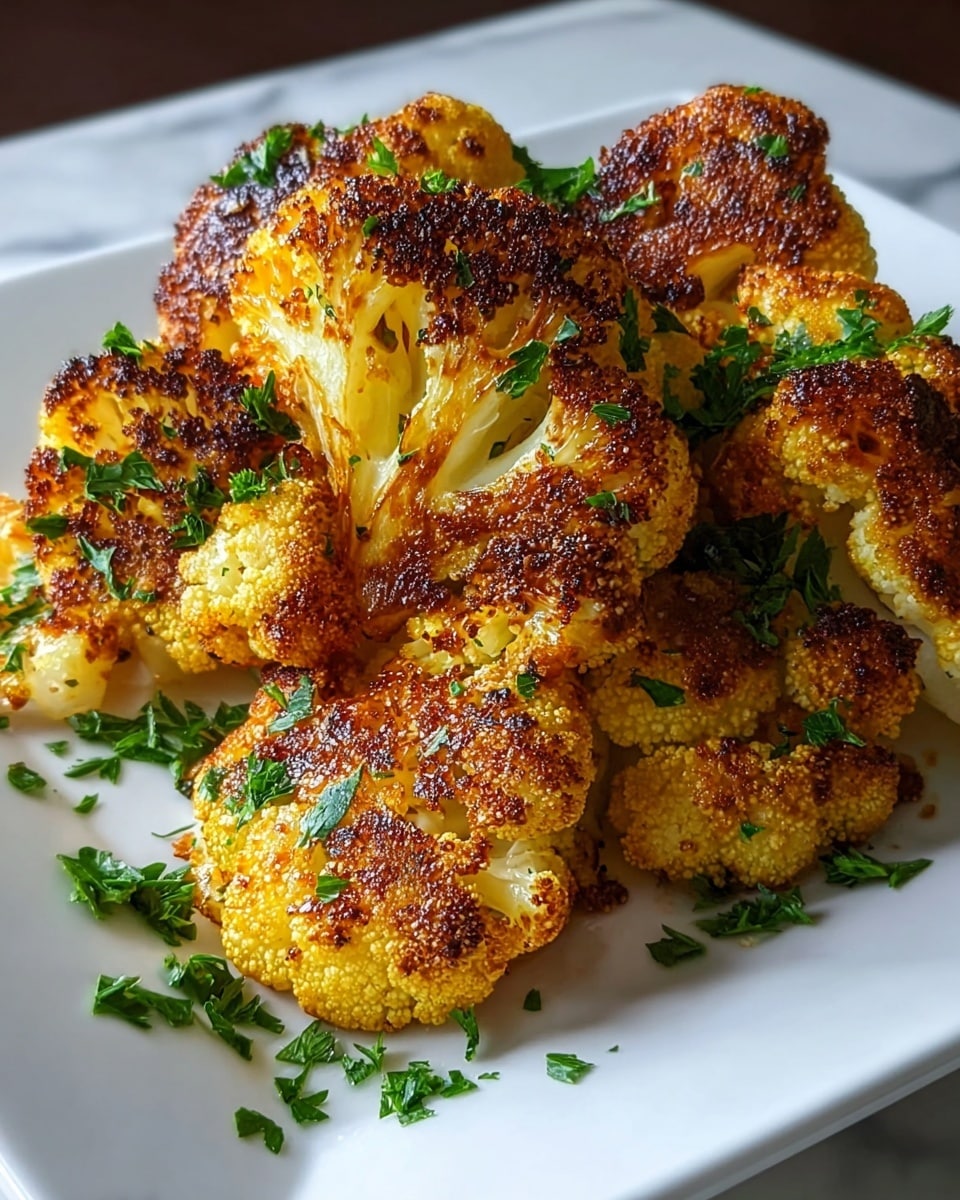 A white square plate holds several large pieces of roasted cauliflower with a rich golden-brown crust on their tops and edges, showing a crispy texture. The cauliflower pieces have a warm yellowish tone on the softer parts and a darker, almost caramelized color on the roasted areas. Fresh green parsley leaves are sprinkled all over the cauliflower and plate, adding a bright contrast to the warm colors. The background is a smooth white marbled texture, and the lighting highlights the crispiness and freshness of the dish. photo taken with an iphone --ar 4:5 --v 7