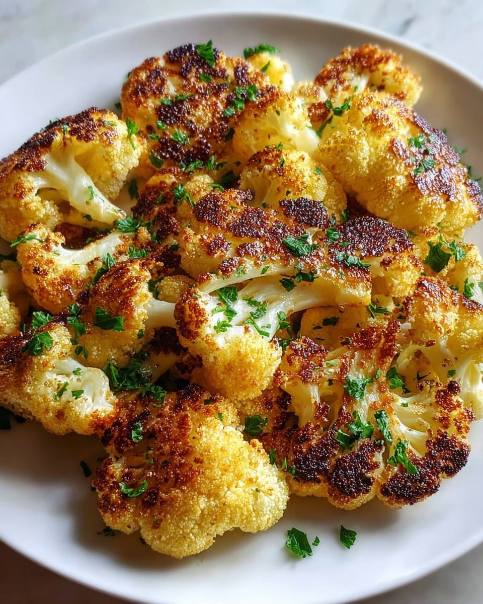 The image shows a white plate filled with roasted cauliflower florets that have a golden brown crispy surface with darker charred spots. Each cauliflower piece is light yellow with a textured, slightly crunchy appearance on top and softer white stems underneath. Bright green chopped parsley is sprinkled over the cauliflower, adding a fresh pop of color to the warm-toned dish. The plate sits on a white marbled surface, enhancing the dish’s vibrant textures and colors. photo taken with an iphone --ar 4:5 --v 7