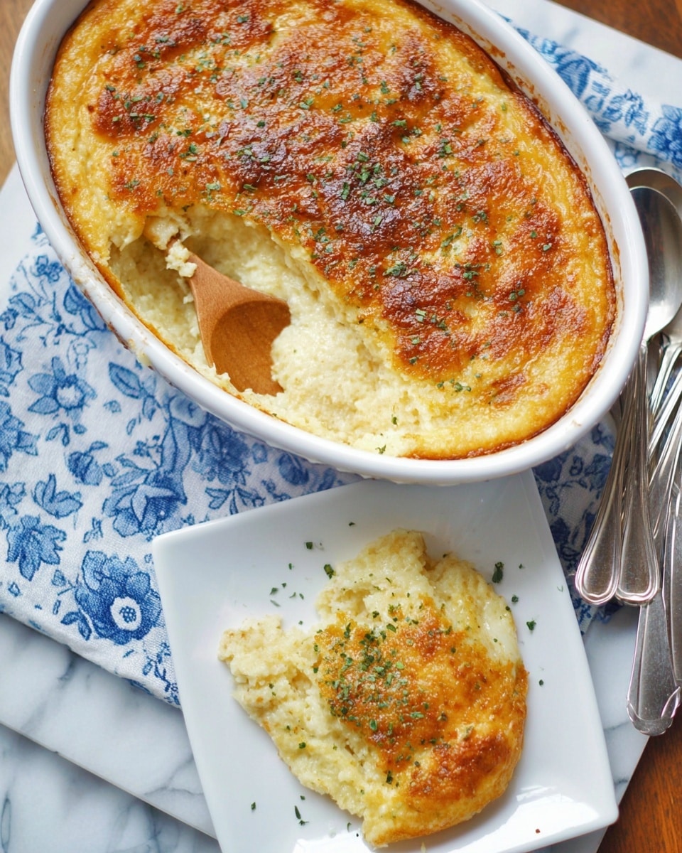 A white oval baking dish filled with a golden-brown baked casserole that has a slightly crispy and uneven top layer sprinkled with green herbs. The inside is creamy and pale yellow with a soft, grainy texture visible where a wooden spoon scoops some out. In front of the baking dish, a white square plate holds a serving of the casserole, showing the golden crispy top layer and the creamy inside, also sprinkled with green herbs. The scene is set on a white marbled surface with a blue floral cloth underneath the plate, and a few silver forks are visible to the side. Photo taken with an iphone --ar 4:5 --v 7