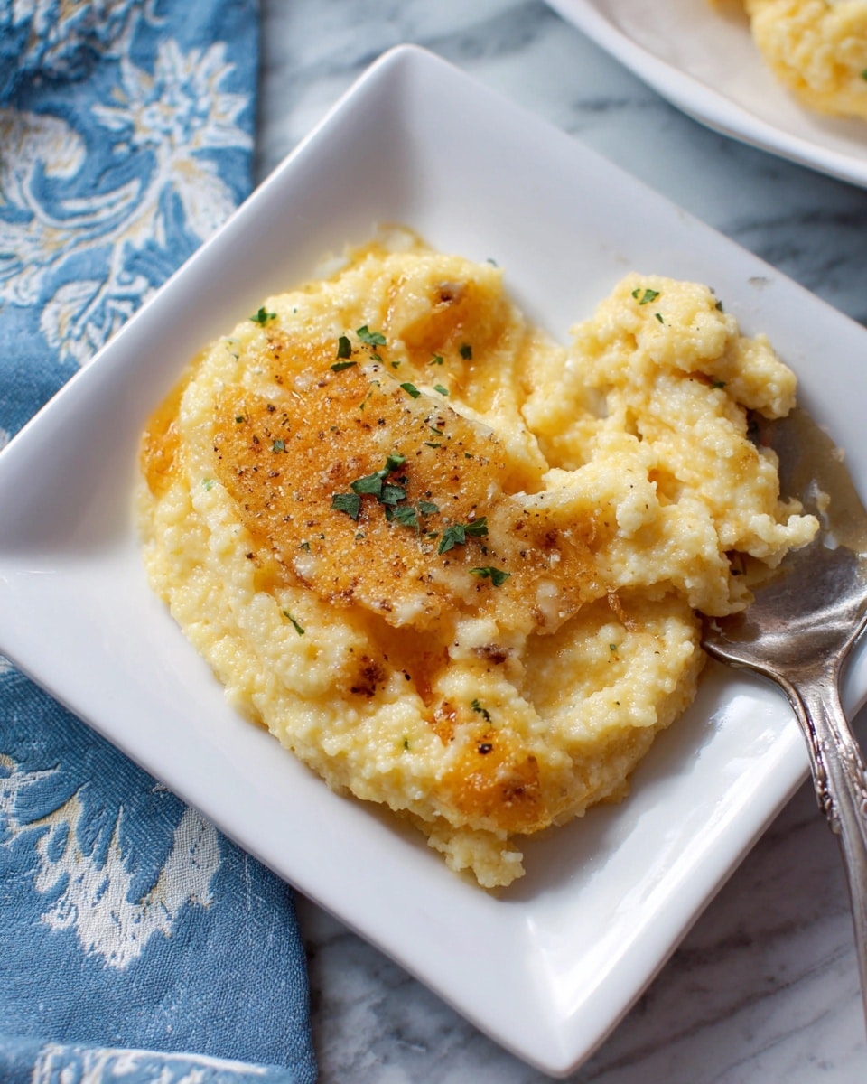 A serving of creamy, light yellow grits is placed on a white square plate, showing a slightly lumpy texture with small chunks mixed in. On top, there is a crispy, golden-brown crust with a few green herb sprinkles scattered over the surface, adding a touch of color. A silver fork is partially inserted into the grits on the right side of the plate. The plate rests on a white marbled surface with a subtle hint of blue floral fabric in the background. Photo taken with an iphone --ar 4:5 --v 7
