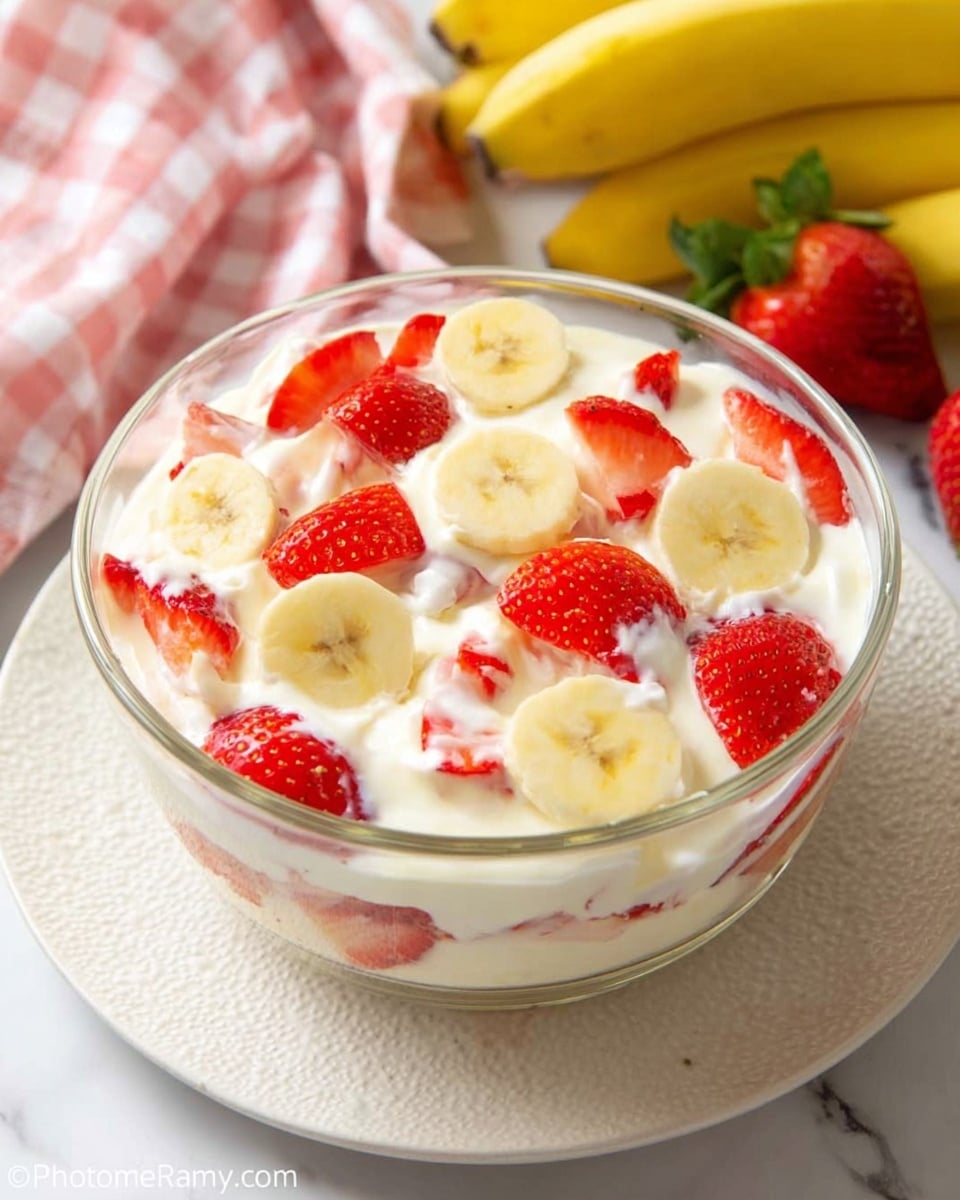 A clear glass bowl filled with a mix of thick, creamy white yogurt topped with sliced bright red strawberries and round pale yellow banana slices evenly spread throughout. The bowl sits on a white textured plate placed on a white marbled surface, next to a bunch of yellow bananas and a pink and white checkered cloth. The yogurt layer is smooth and slightly glossy, partially covering the fruit pieces, creating a fresh and colorful contrast. photo taken with an iphone --ar 4:5 --v 7