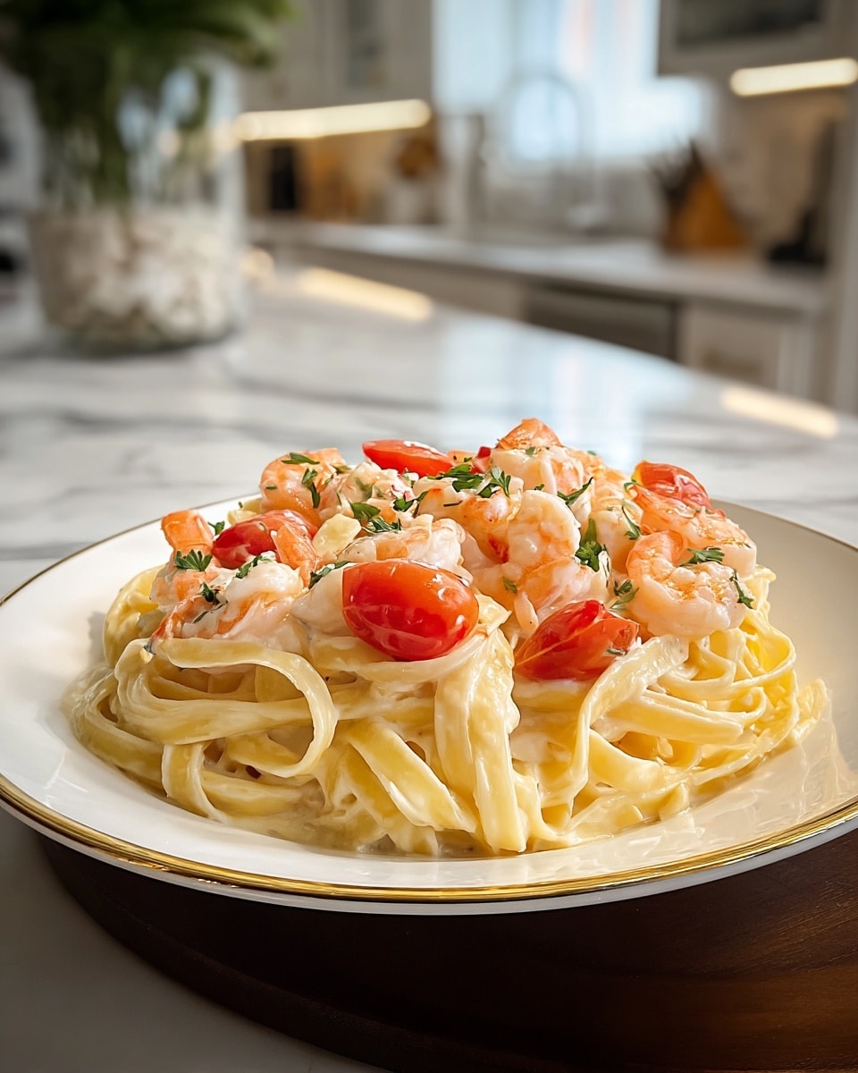 A white plate with a gold rim holds a dish of creamy fettuccine pasta as the base, smooth and light yellow, layered in a thick pile. On top, there is a mix of peeled shrimp and small bright red tomato pieces scattered evenly, giving a fresh and colorful contrast. Small green herb bits are sprinkled over the entire dish, adding a touch of color and texture. The background shows a soft focus white marbled surface and a kitchen setting with natural light. photo taken with an iphone --ar 4:5 --v 7