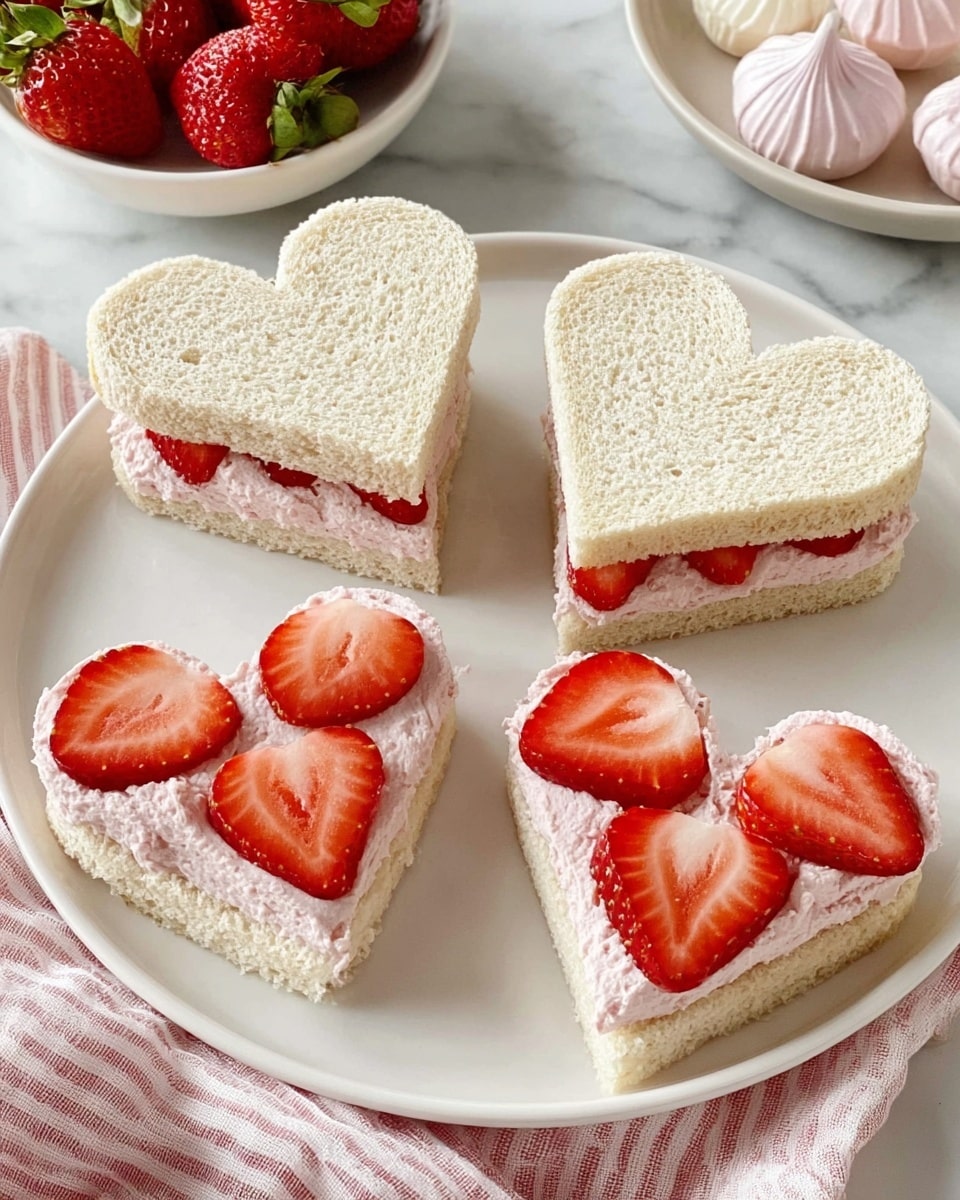 The image shows a white plate with six heart-shaped sandwich pieces arranged on it. Three sandwiches have two layers of soft white bread with a pink cream layer and thin sliced red strawberries visible between the bread layers. The other three sandwiches are open-faced, featuring a base layer of white bread topped with the same pink cream spread and decorated with fresh, bright red strawberry slices arranged neatly on top. The plate is set on a white marbled surface with a soft pink and white striped cloth partially visible at the edge. A bowl with whole red strawberries and a plate with some white and pink meringues are slightly visible in the background. Photo taken with an iphone --ar 4:5 --v 7