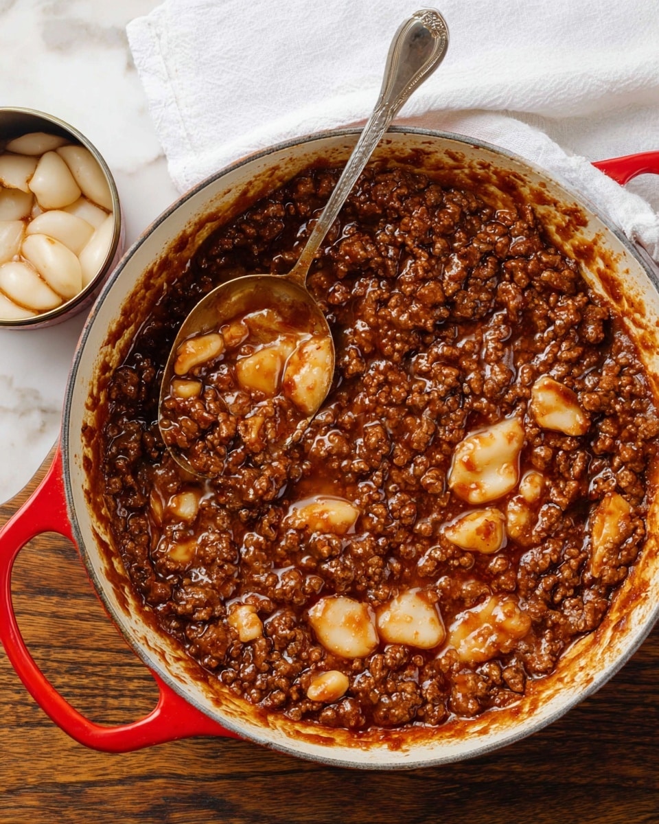 A white pan with a red handle contains a thick mix of cooked ground meat and small light beige chunks, coated in a shiny dark brown sauce with reddish hints. A silver spoon rests inside, scooping part of the mixture, showing the glossy texture of the sauce. Next to the pan, there is an opened can revealing pale white slices of water chestnuts, and a white cloth is folded near the pan on a wooden surface replaced by a white marbled texture. Photo taken with an iphone --ar 4:5 --v 7