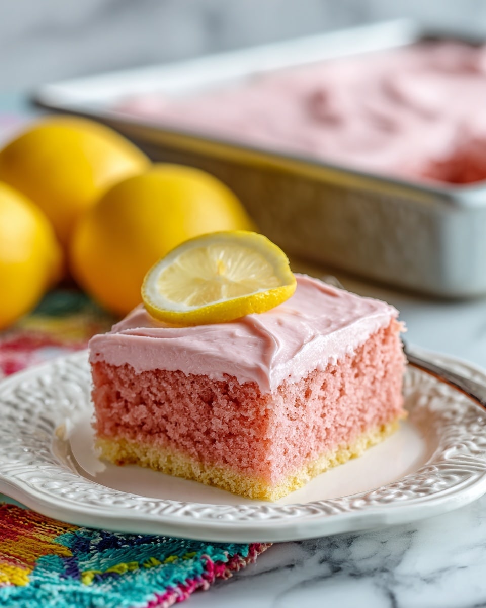 A square slice of pink cake with one thick layer of smooth, light pink frosting on top is placed on a white plate with an ornate raised edge. There is a small slice of lemon resting on the frosting at the center of the cake. In the background, part of a rectangular cake pan with more pink cake is visible, along with two whole lemons on a colorful, woven surface. The scene is set against a white marbled texture. photo taken with an iphone --ar 4:5 --v 7