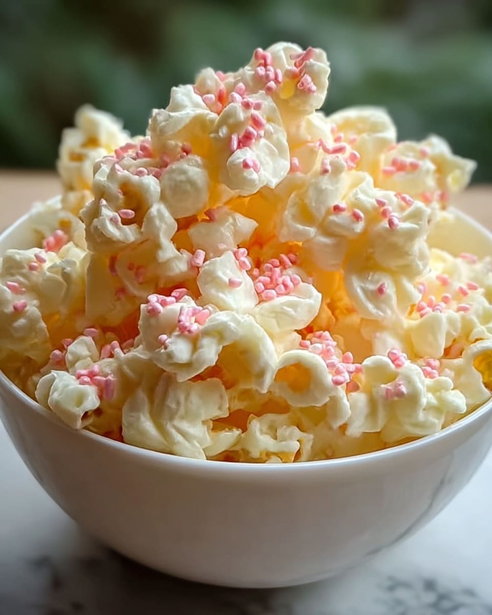 A close-up view of a white bowl filled with creamy popcorn that looks soft and buttery, topped with small pink powder sprinkles scattered evenly over the popcorn. The popcorn pieces are light yellow and fluffy, piled high in the bowl. The background has a soft focus with green shades. The bowl sits on a white marbled surface. photo taken with an iphone --ar 4:5 --v 7