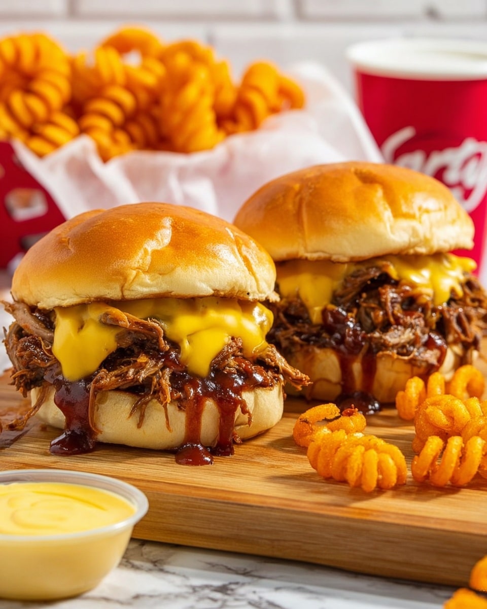 Two pulled beef sandwiches sit side by side on a wooden board, each having a soft golden-brown bun with visible toasted marks. Inside, there are layers of tender, shredded beef mixed with dark brown barbecue sauce, topped with thick, melted bright yellow cheese that drips down the sides. Around the board are golden orange spiral curly fries scattered casually. In the background, there is a white marbled surface partly covered with a white paper container holding more curly fries, a small clear cup of creamy yellow cheese sauce, and a red and white drink cup. The setting is bright with a warm, inviting feel. photo taken with an iphone --ar 4:5 --v 7