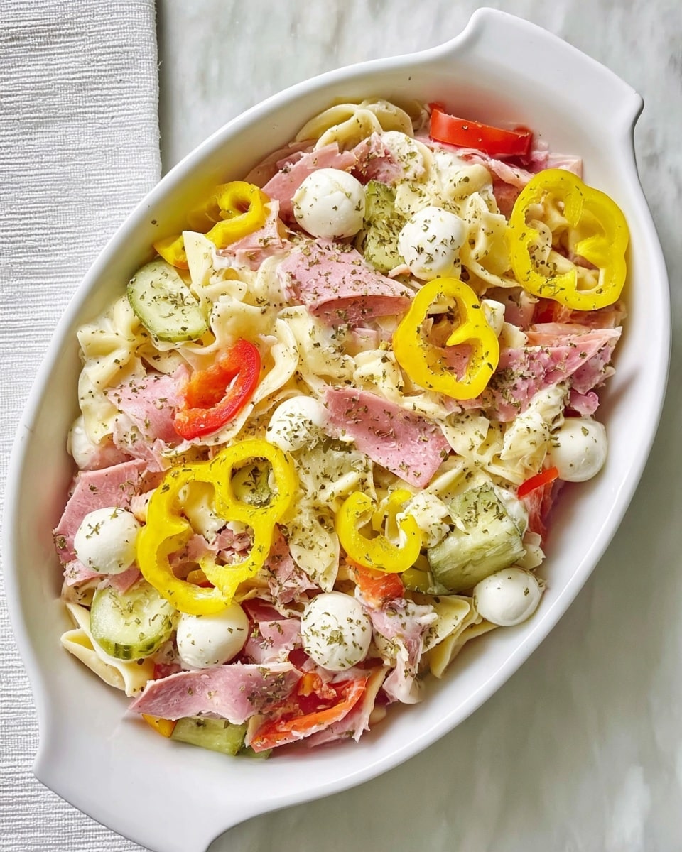In a white oval dish filled with a colorful layered salad, the bottom layer is made of folded white pasta pieces with a smooth texture. Scattered throughout are pieces of thinly sliced pink deli meat, along with small white mozzarella balls adding a round and soft texture. Light green slices of cucumber and thin slices of red bell pepper add fresh, crisp layers. Bright yellow banana pepper rings sit on top, giving a vibrant color contrast. The entire dish is sprinkled with dried green herbs, enhancing the visual texture and color mix. The dish is placed on a white marbled textured background. Photo taken with an iphone --ar 4:5 --v 7