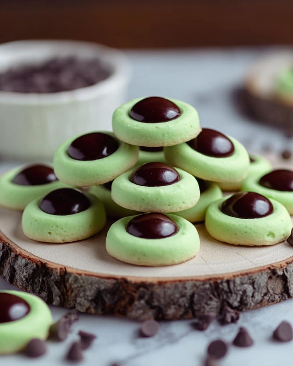 A pile of small round cookies with a smooth light green base and a glossy dark brown circle in the center of each cookie, stacked in a pyramid shape on a round wooden slice with bark edges, surrounded by scattered cookies and small chocolate chips on a white marbled surface with a blurred white bowl in the background, photo taken with an iphone --ar 4:5 --v 7