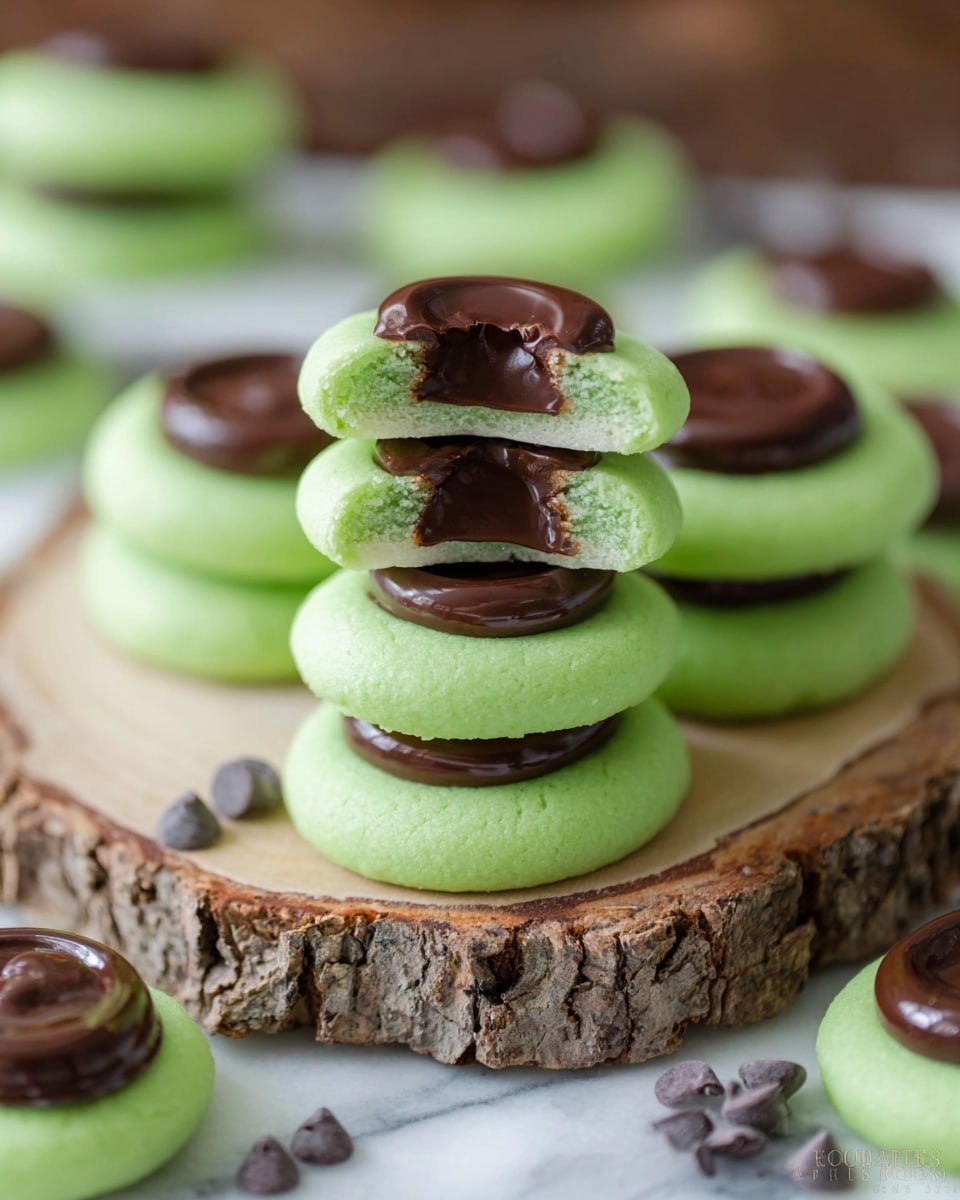 A stack of round green cookies with smooth, soft texture sits in the center on a thick slice of wood with rough bark edges. Each cookie has a shiny, dark brown chocolate topping in the middle. The top cookie is bitten, showing its soft green inside with the chocolate filling visible as well. More green cookies with chocolate tops are scattered around the wooden slice on a white marbled surface. Small chocolate chips are also visible nearby, adding to the scene. photo taken with an iphone --ar 4:5 --v 7