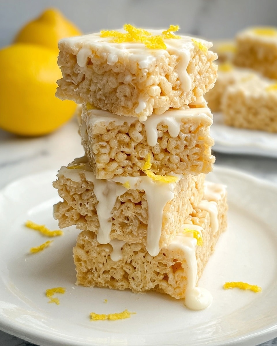 The image shows a stack of four light golden brown crispy rice treats with a porous texture, each square-shaped and layered evenly. A smooth, creamy white drizzle of icing coats the top and sides of the treats, partially dripping down the layers. Small strips of bright yellow lemon zest are sprinkled on top, adding a fresh contrast in color. The treats are placed on a white plate set on a white marbled surface, and a whole lemon is visible in the blurred background. Photo taken with an iphone --ar 4:5 --v 7