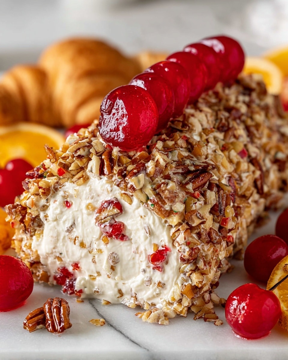 The image shows a cheese log shaped like a rough cylinder, with its exterior coated in chopped nuts that are light brown and textured, giving a crunchy appearance. Inside, the cheese is creamy white and soft, mixed with small bits of bright red cherries embedded throughout. On top of the log, there are larger slices of glossy red cherries arranged in a row. The cheese log rests on a white marbled surface, with golden croissants and more red cherries blurred in the background. photo taken with an iphone --ar 4:5 --v 7