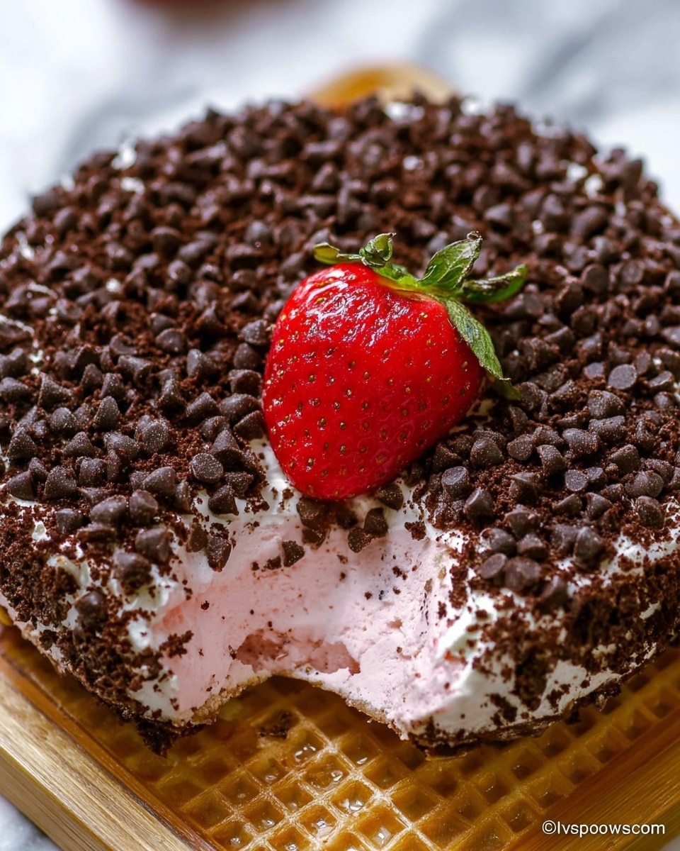 The image shows a dessert with three visible layers. The top layer is a thick, dense spread of small shiny dark brown chocolate chips and crumbs covering the whole surface. Beneath the chocolate chips, there is a smooth, creamy white layer with a slight pink tint, visible where a bite has been taken out near the center. A fresh, bright red strawberry with green leaves sits on the creamy layer inside the bite area. The dessert rests on a light brown waffle base with a grid pattern visible around the edges. The background is a white marbled texture. photo taken with an iphone --ar 4:5 --v 7