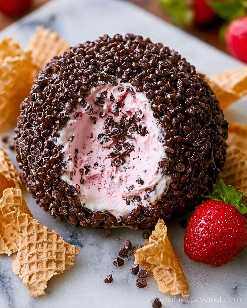 A round dessert ball covered fully with a thick layer of small, dark chocolate chips that create a rough texture. A section is scooped out to show a soft, smooth pink cream inside, contrasting with the textured chocolate outer layer. The dessert sits on a white marbled surface, with a fresh red strawberry with green leaves placed next to it, and pieces of light brown waffle cones around the dessert, adding more texture and context. Photo taken with an iphone --ar 4:5 --v 7
