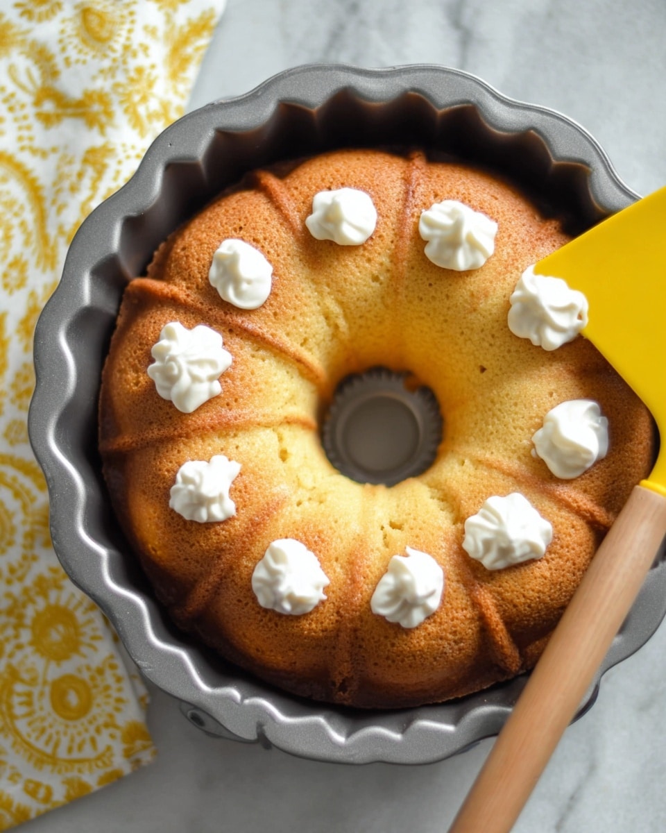 The image shows a single-layer golden brown bundt cake in a gray bundt pan with a scalloped edge. The cake has a ring shape with a hole in the center and several small white dollops of icing spread unevenly on top in a curved line. To the right side, a yellow spatula with a wooden handle is touching the cake's edge. The background features a white marbled surface with part of a yellow patterned oven mitt visible on the bottom right corner. Photo taken with an iphone --ar 4:5 --v 7