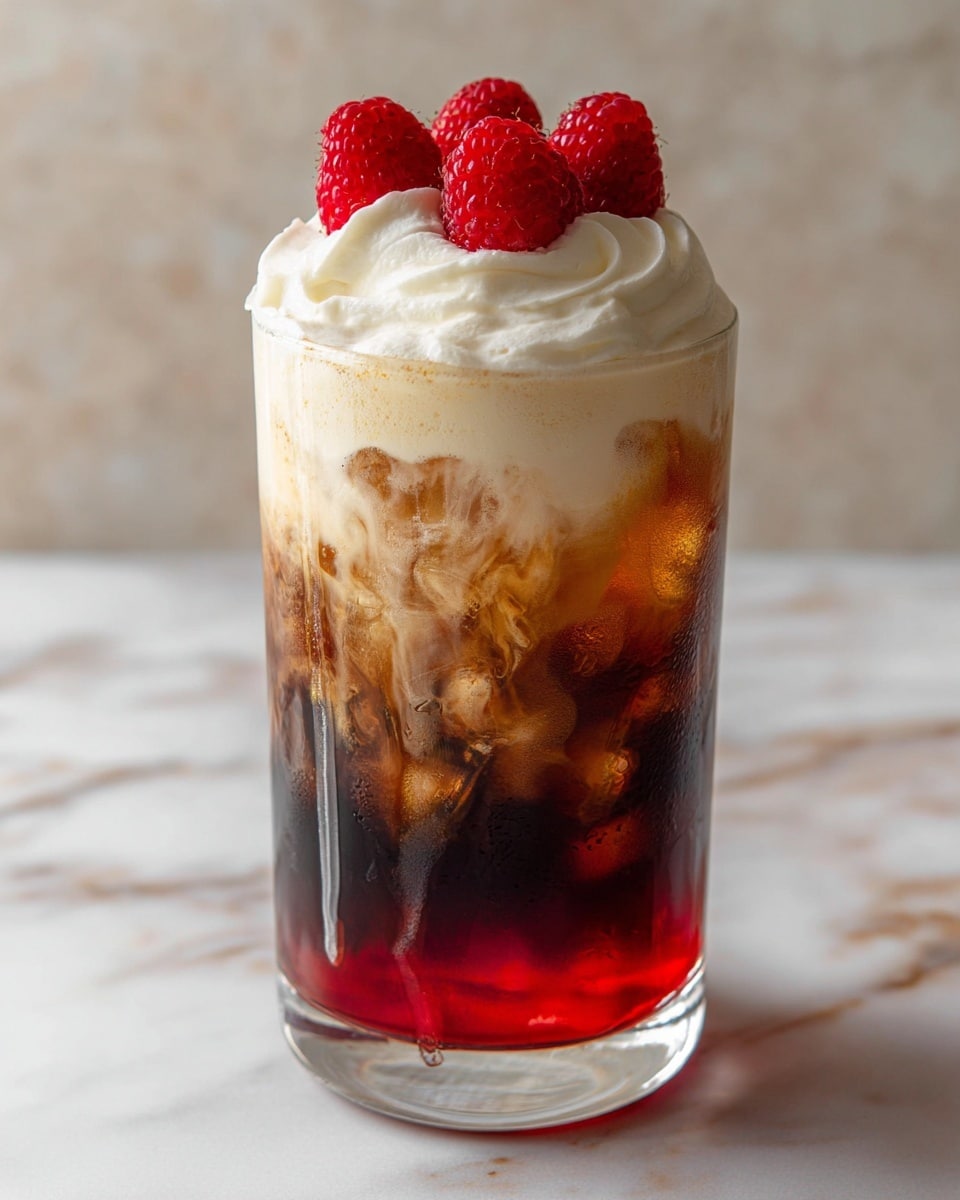The image shows a clear glass filled with a layered drink placed on a white marbled surface. The bottom layer is bright red and slightly translucent. Above this is a thick dark brown layer with ice cubes, giving a textured look. On top of the dark brown is a foamy light cream layer that slightly drips down the side of the glass. The drink is topped with a swirl of white whipped cream and three whole bright red raspberries placed on top of the cream. Photo taken with an iphone --ar 4:5 --v 7