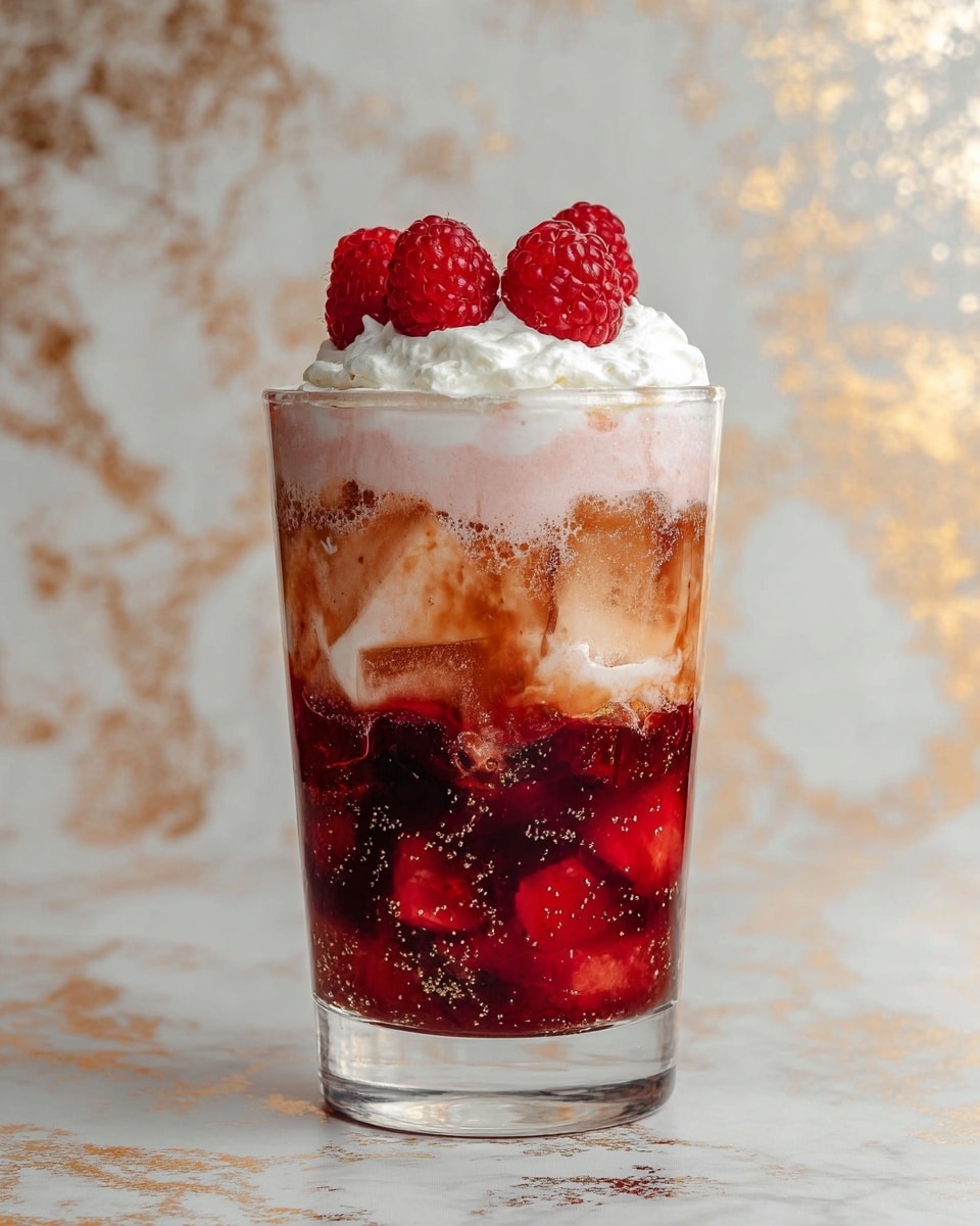 A tall clear glass with four visible layers sits on a white marbled surface. The bottom layer is a thick, deep red syrup with small pieces of fruit giving it a chunky texture. Above that is a creamy pale pink layer gently mixed with the syrup below. The third layer is filled with brown ice cubes sparkling with bubbles, and the top layer is a fluffy white whipped cream topped with three fresh red raspberries. The background has a soft white marbled texture with gold flecks. Photo taken with an iphone --ar 4:5 --v 7