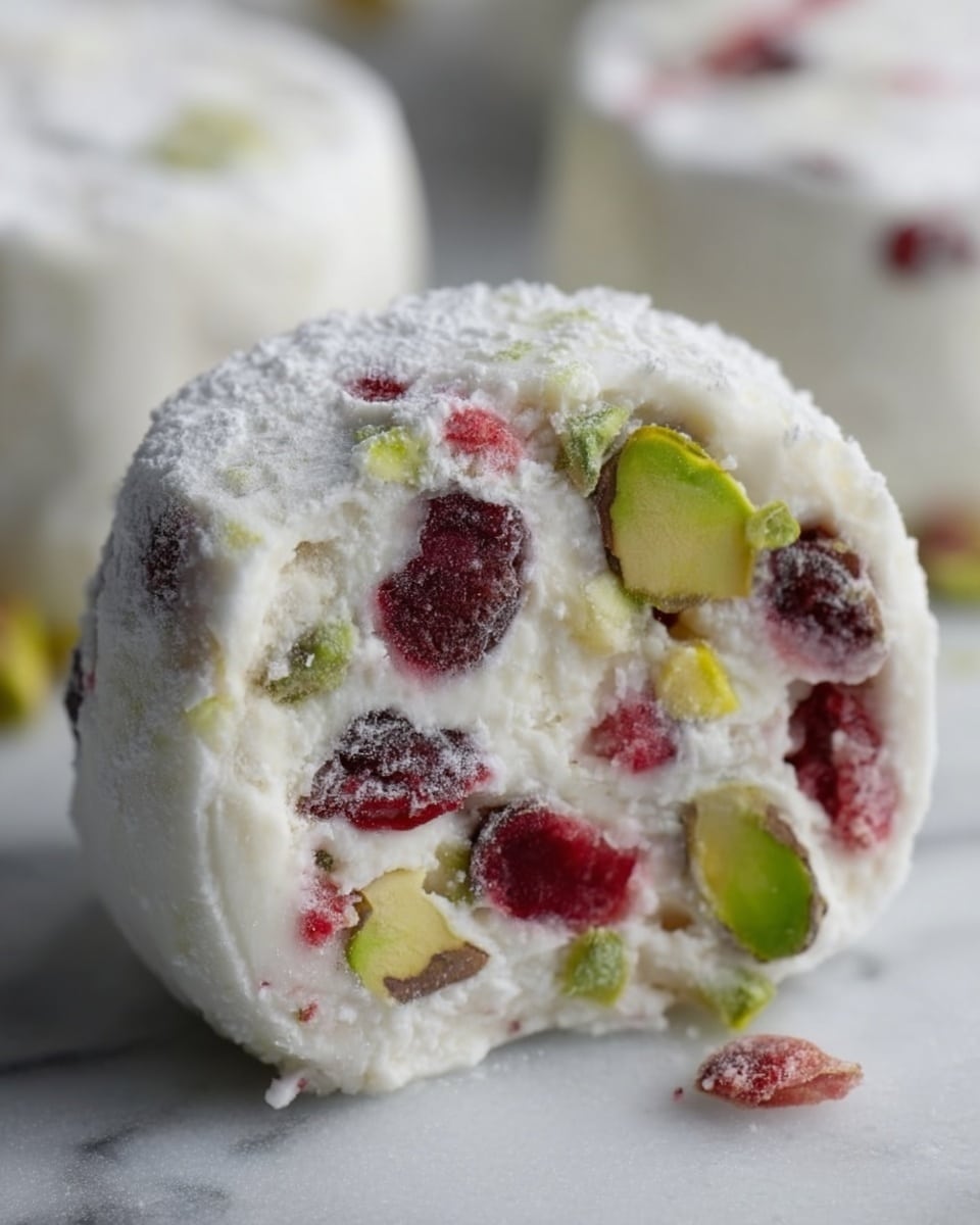 A close-up image of a round, bite-sized dessert with a powdery white outer layer. The inside shows a creamy white base mixed with pieces of bright red fruit and small green nuts, giving it a colorful, textured look. The dessert is placed on a white marbled surface with a soft focus background. Photo taken with an iphone --ar 4:5 --v 7