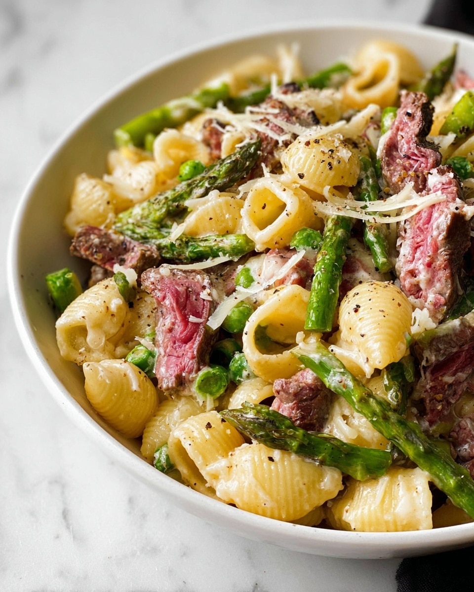 A close-up of a creamy pasta dish served in a white bowl on a white marbled surface, showing three main layers of ingredients. The first layer is shell pasta, pale yellow and smooth, filling the base and middle of the bowl. The second layer includes bright green asparagus pieces, cut into short sections and spread evenly on top and mixed in with the pasta. The third layer features pieces of steak, medium rare with pink centers and dark brown edges, scattered throughout the dish. The pasta is coated with a white creamy sauce, and it is sprinkled with small shreds of white cheese and cracked black pepper on top, adding texture and color contrast. photo taken with an iphone --ar 4:5 --v 7