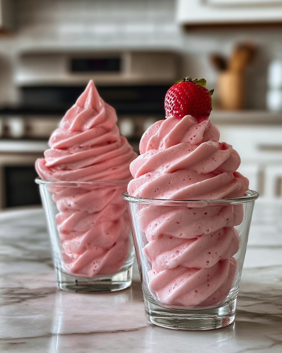 Two clear glass cups sit on a white marbled surface, each filled with thick, swirled pink soft-serve ice cream with smooth, wavy texture and just a few small air bubbles, stacked in about five spiraled layers. The soft-serve in the front cup rises higher than the rim in a sharp peak with rounded swirls, while the cup in the back has a similar swirl topped with a single bright red strawberry. The background shows a blurred kitchen with white cabinets and a stove. Photo taken with an iphone --ar 4:5 --v 7