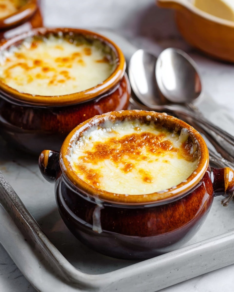 Two brown ceramic bowls filled with a creamy baked dish are shown on a gray tray resting on a white marbled surface. Each bowl contains a single visible layer of pale yellow melted cheese with golden brown spots on top, slightly bubbling at the edges. The bowls have a glossy finish and thick rims, and a small spout is visible on the front bowl. Next to the tray, there are three stacked shiny silver spoons. The background is softly blurred with hints of more bowls and cooking items. photo taken with an iphone --ar 4:5 --v 7