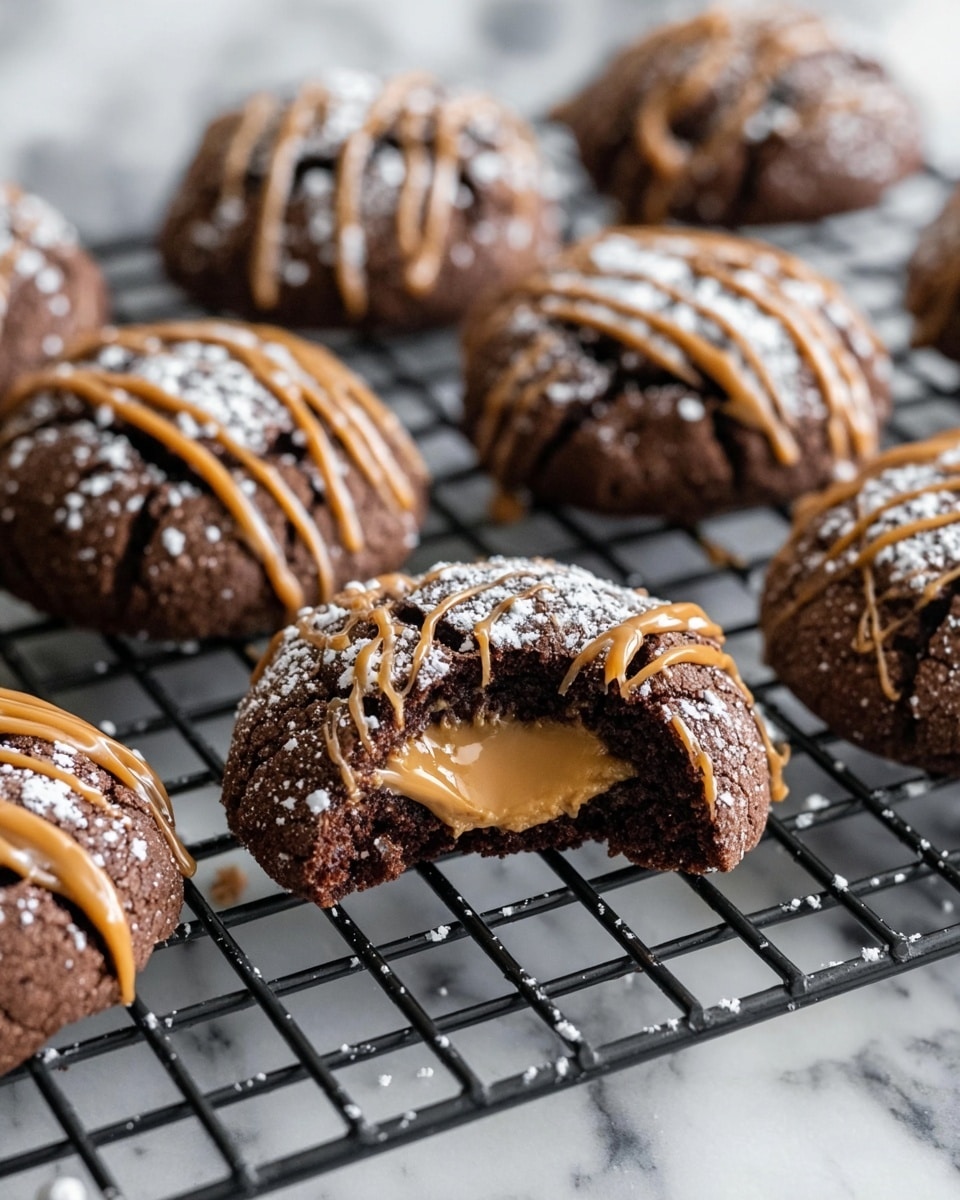 The image shows a group of round chocolate cookies arranged on a black cooling rack, placed on a white marbled surface. Each cookie has a dark brown, rough, cracked texture with a dusting of white powdered sugar on top. They are decorated with smooth caramel-colored drizzle lines across their tops. One cookie in the front center is bitten, revealing a creamy, caramel-colored filling inside with a soft, moist chocolate outer layer. The overall setting is bright and clean, highlighting the rich textures and colors of the cookies. photo taken with an iphone --ar 4:5 --v 7