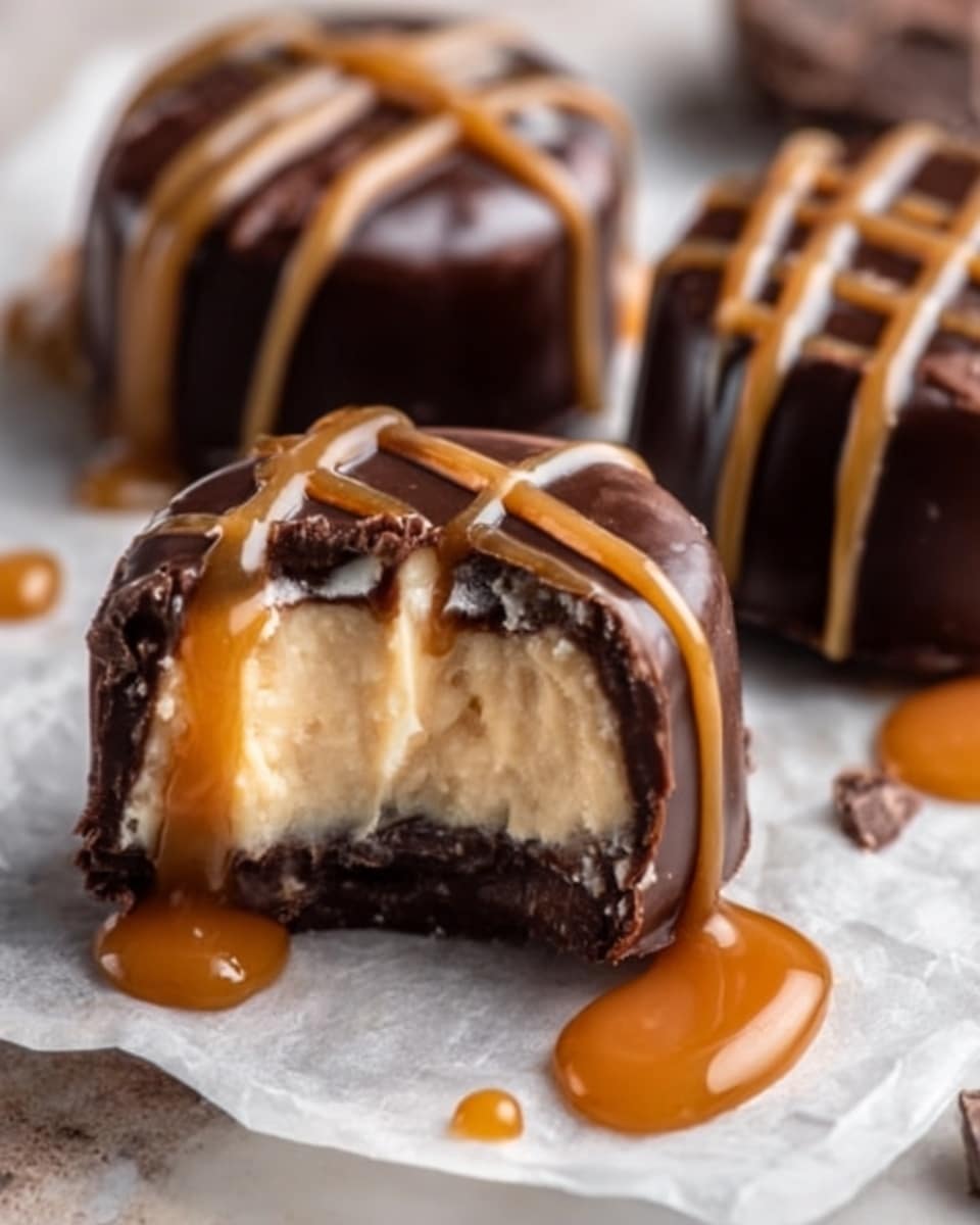 The image shows three round, bite-sized desserts placed on white parchment paper over a white marbled surface. Each treat has a smooth, dark chocolate outer layer with a shiny finish. One piece is cut open, revealing a creamy, light beige filling with a soft texture inside. The surface of each dessert is decorated with thin, even lines of caramel sauce drizzled on top, creating a smooth contrast with the dark chocolate. Small pools of caramel sauce sit nearby, adding a rich golden color to the scene. The focus is sharp on the front piece, creating a slight blur effect on the others in the background. Photo taken with an iphone --ar 4:5 --v 7