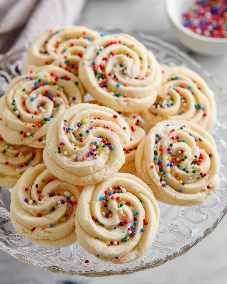 A clear glass plate holds about a dozen round, swirl-shaped butter cookies, each with a light cream color and a soft, crumbly texture. The cookies have a raised spiral pattern, and many of them are sprinkled with small, colorful round sprinkles in red, green, yellow, blue, purple, orange, and white. The plate rests on a white marbled surface, and a blurred white bowl can be seen in the background. photo taken with an iphone --ar 4:5 --v 7