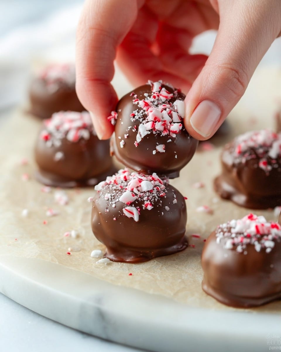 The image shows several round chocolate-covered treats placed on a white marbled surface with parchment paper underneath. Each treat is coated in smooth milk chocolate with a slightly glossy texture and has a light sprinkle of crushed red and white peppermint pieces on top. The treats are arranged loosely, some in focus and others blurred in the background. A woman's hand is gently picking up one chocolate treat in the foreground, with visible natural light enhancing the shine on the chocolate and the vibrant color of the peppermint pieces. photo taken with an iphone --ar 4:5 --v 7