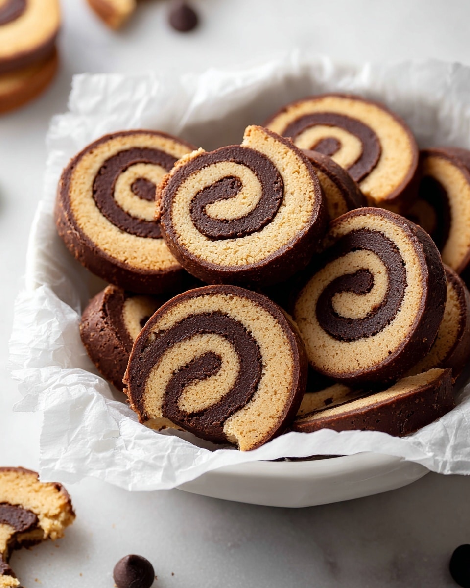 The image shows a close-up of several round pinwheel cookies with two visible layers, placed inside a white bowl lined with white parchment paper. Each cookie has a swirl pattern alternating between a light brown, slightly grainy layer and a smooth, dark brown chocolate layer, with the swirls tightly wound from the center to the edge. The cookies are stacked and overlapping each other inside the bowl, which sits on a white marbled surface with a few loose cookie pieces and chocolate chips around it. The lighting highlights the texture and rich colors of the cookies, making them look fresh and inviting. Photo taken with an iphone --ar 4:5 --v 7