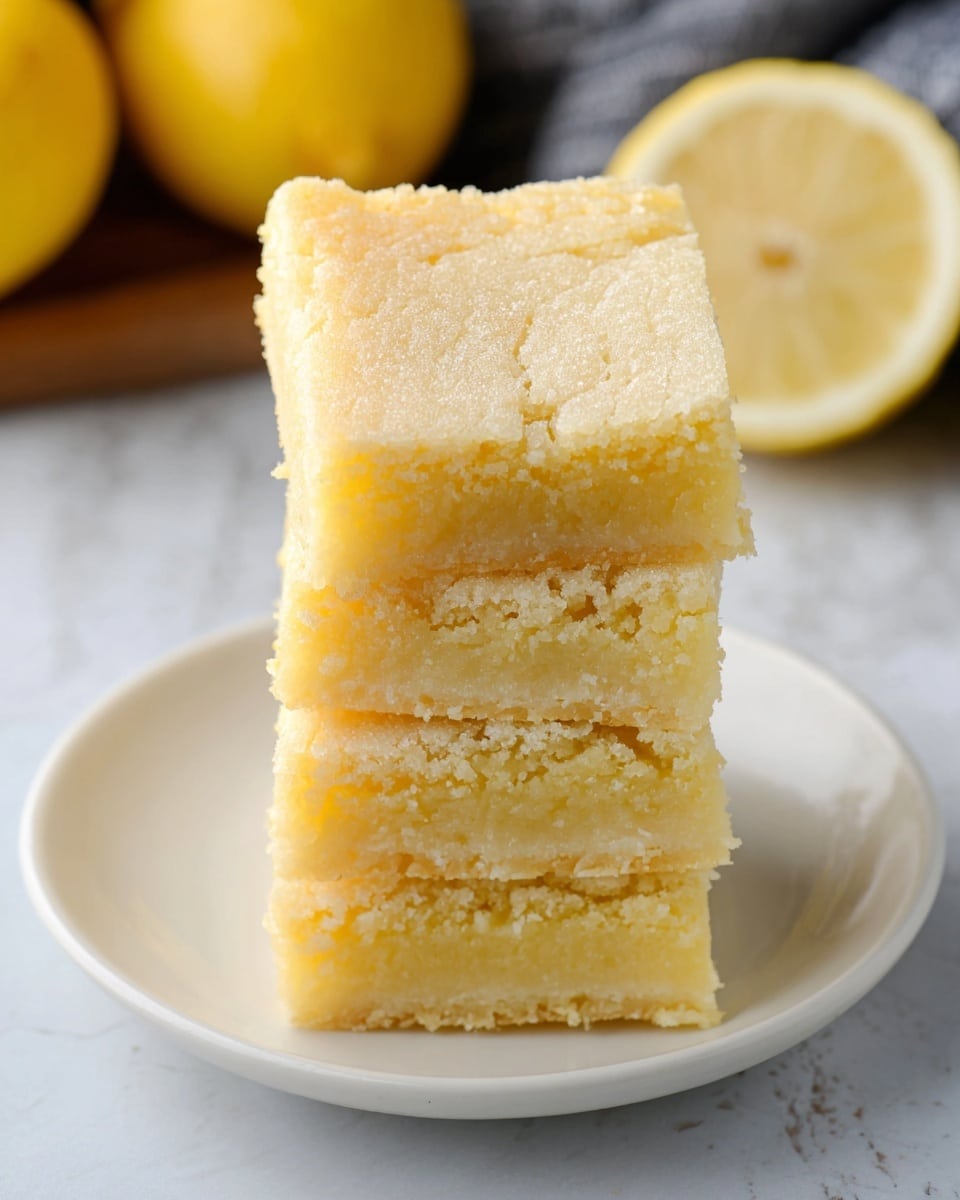 A stack of four square lemon bars is placed on a simple white plate. Each layer has a soft, dense, pale yellow texture with a slightly crumbly top that shows fine cracks. The bars look moist and smooth, with a consistent thickness across each piece. In the background, a halved lemon and a whole lemon add a fresh yellow touch, all set on a white marbled texture. Photo taken with an iphone --ar 4:5 --v 7
