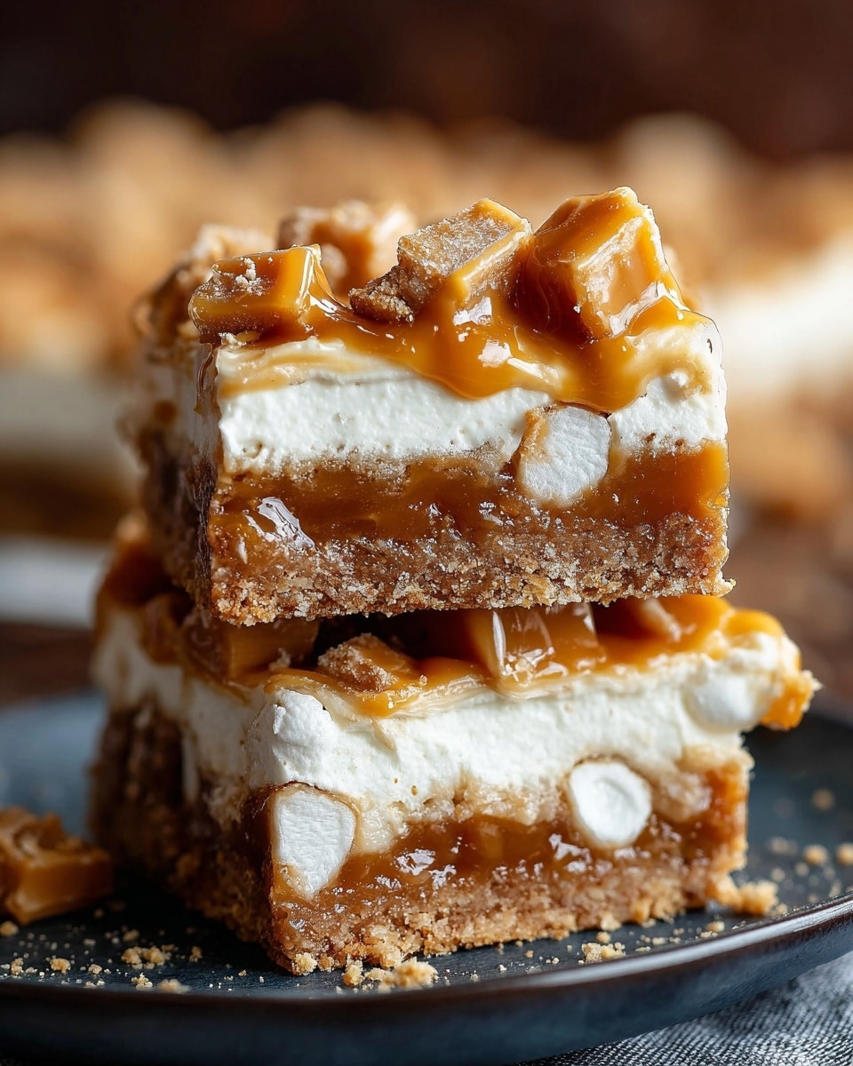 The image shows two square dessert bars stacked on a dark plate against a blurred background. Each bar has four layers: the bottom layer is a crumbly, light brown crust; above it is a thick, glossy caramel layer mixed with white chunks that appear to be marshmallows; on top of the caramel layer is a fluffy white cream layer; and the topmost layer is sprinkled with irregular pieces of caramel candy that are golden brown and slightly shiny. The focus is on the textures of the candy pieces and the smooth, creamy middle layers. Photo taken with an iphone --ar 4:5 --v 7