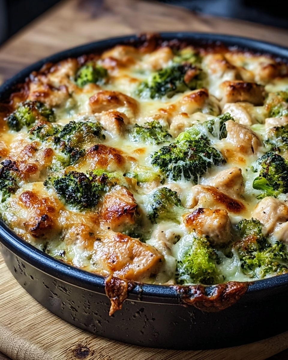 The dish is a cheesy baked casserole in a round black pan. The top layer is golden-brown melted cheese, slightly bubbly and browned in spots, with pieces of cooked chicken that are light tan with a bit of crispness. Bright green broccoli florets are spread evenly all over the dish, peeking through the cheese and chicken, adding a fresh contrast. The edges of the pan show some browned, crispy bits of cheese and chicken. The pan is placed on a wooden surface with a slightly blurred background. photo taken with an iphone --ar 4:5 --v 7