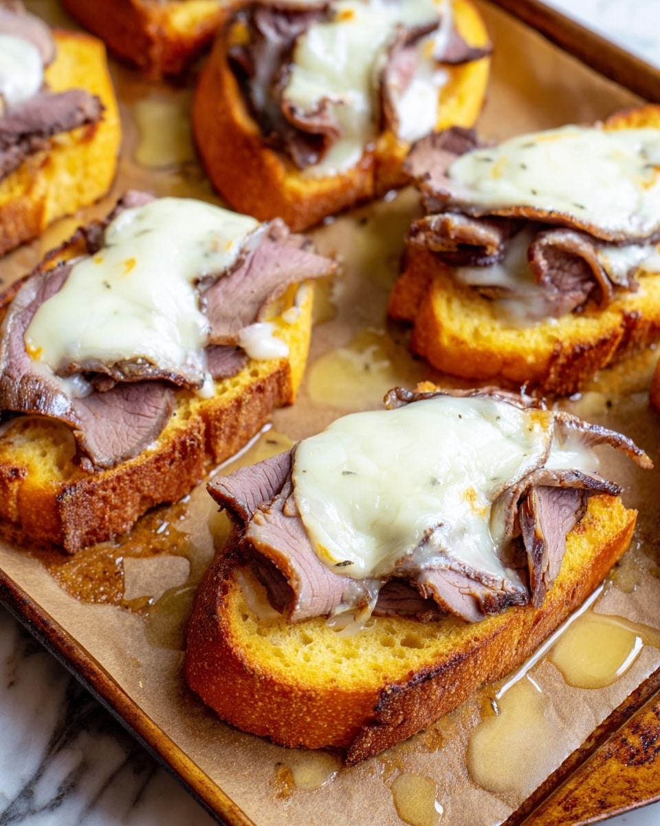 The image shows several open-faced sandwiches arranged on a baking tray lined with brown parchment paper. Each sandwich has three layers: the bottom layer is a thick slice of golden yellow toasted bread with a crumbly texture, the middle layer consists of folds of thinly sliced roast beef with a brownish-gray color and slightly crispy edges, and the top layer features melted white cheese softly draping over the beef, with a slightly bubbly and creamy texture. There are some small pools of juice around the sandwiches on the parchment. The background is a white marbled texture. Photo taken with an iphone --ar 4:5 --v 7