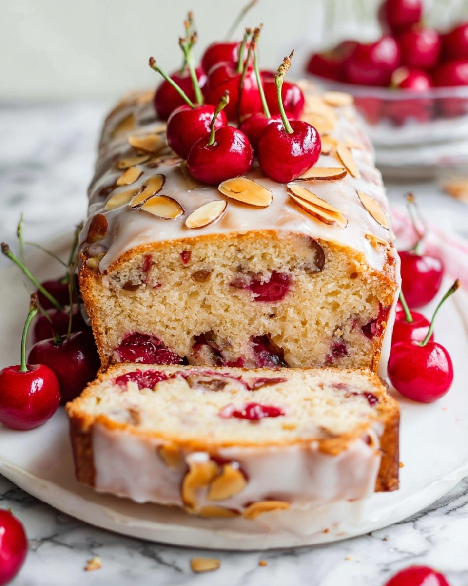 A loaf cake with three visible main layers: the bottom layer is a soft, light beige cake with scattered small red cherry pieces inside; the middle layer shows a slice cut out, revealing the same light beige cake dotted with darker red cherries; the top layer is a thin white glaze drizzled over the cake, topped with golden toasted almond slices and fresh bright red halved cherries. The cake is placed on a white plate with a few whole cherries around it, all set on a white marbled surface. Photo taken with an iphone --ar 4:5 --v 7